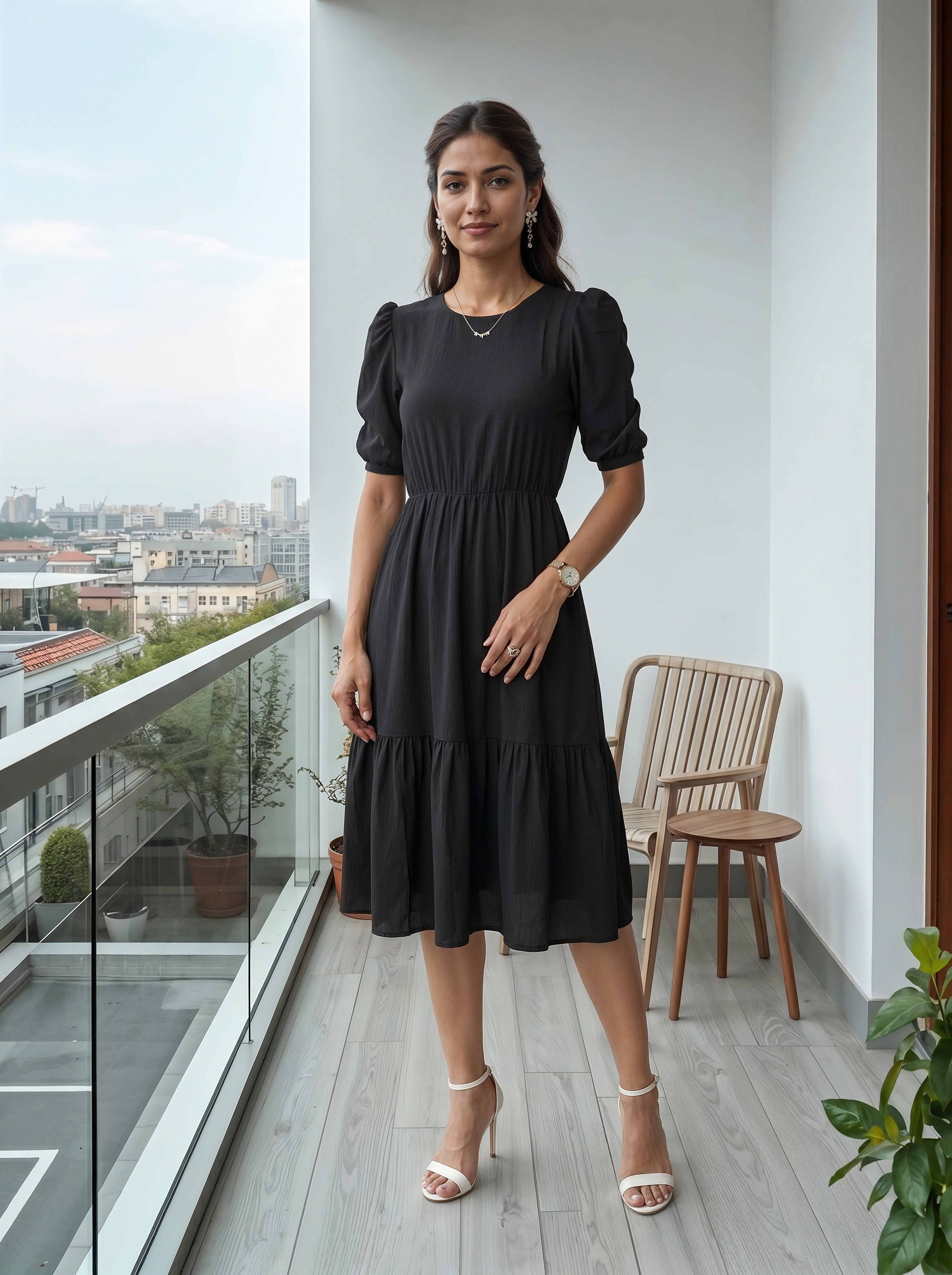 Woman in a black dress standing on a balcony with a cityscape view.