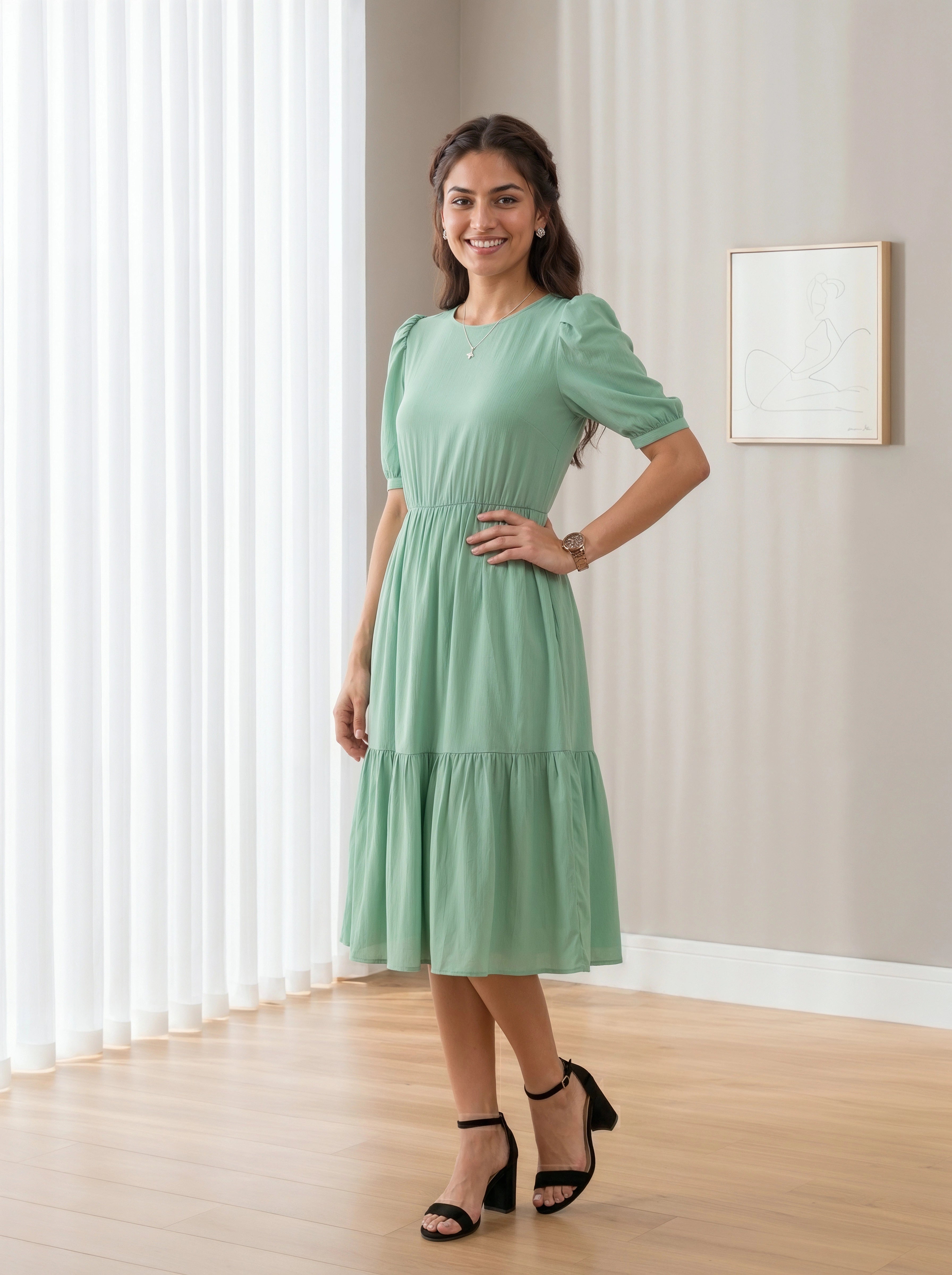 Woman in a green dress standing in a room with light-colored walls and wooden floor.
