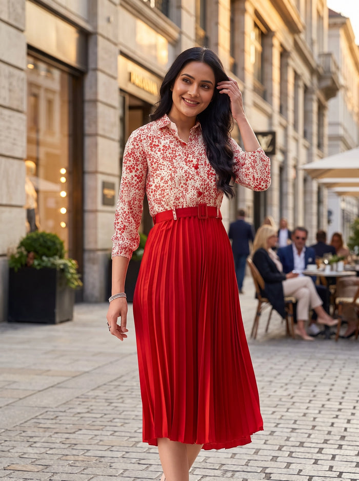 A woman stands on a cobblestone city street wearing a red and white floral long-sleeve blouse with a high-waisted, pleated red midi skirt and a matching red belt.