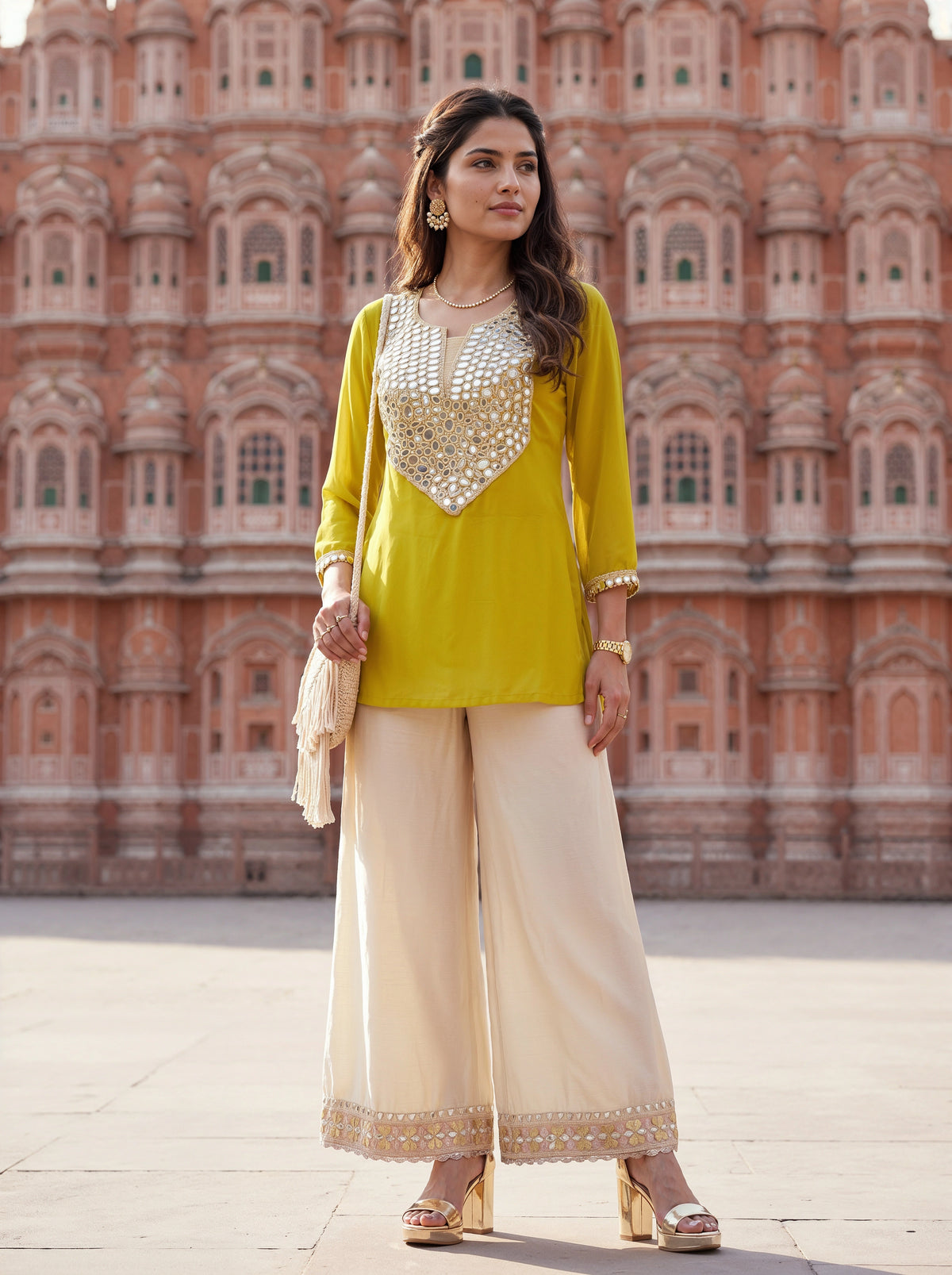 A woman stands outdoors in front of a large pink sandstone palace, wearing a bright yellow kurta with a heavily embellished silver and gold neckline, paired with wide-leg cream pants and holding a cream dupatta.