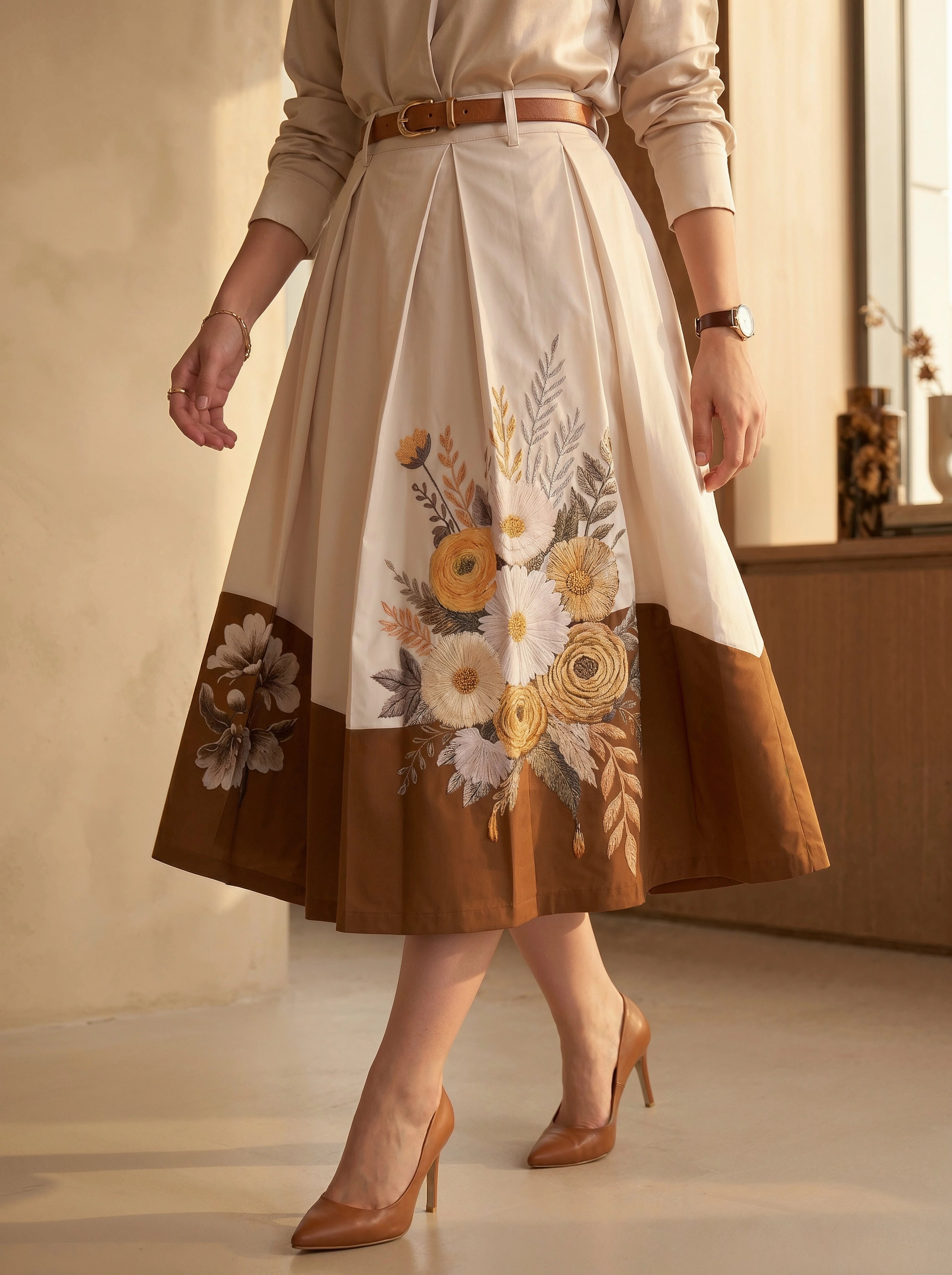 Woman wearing a beige blouse and floral skirt with brown accents in a warm-toned room.