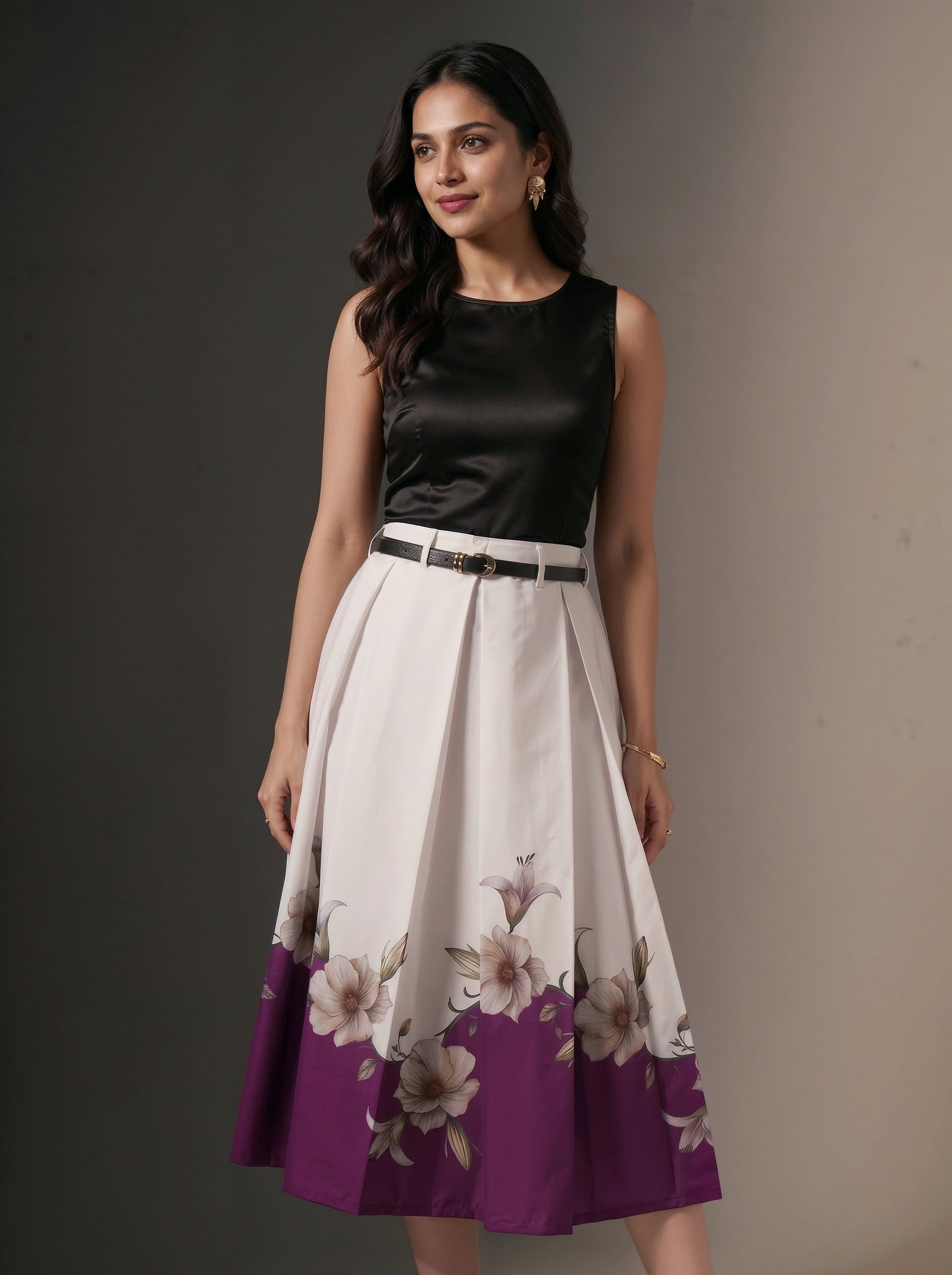 Woman wearing a black top and a white skirt with floral pattern and purple bottom, standing against a plain background.