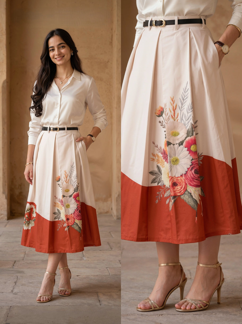 Woman wearing a white shirt and floral skirt with a red bottom half, standing against a beige wall.
