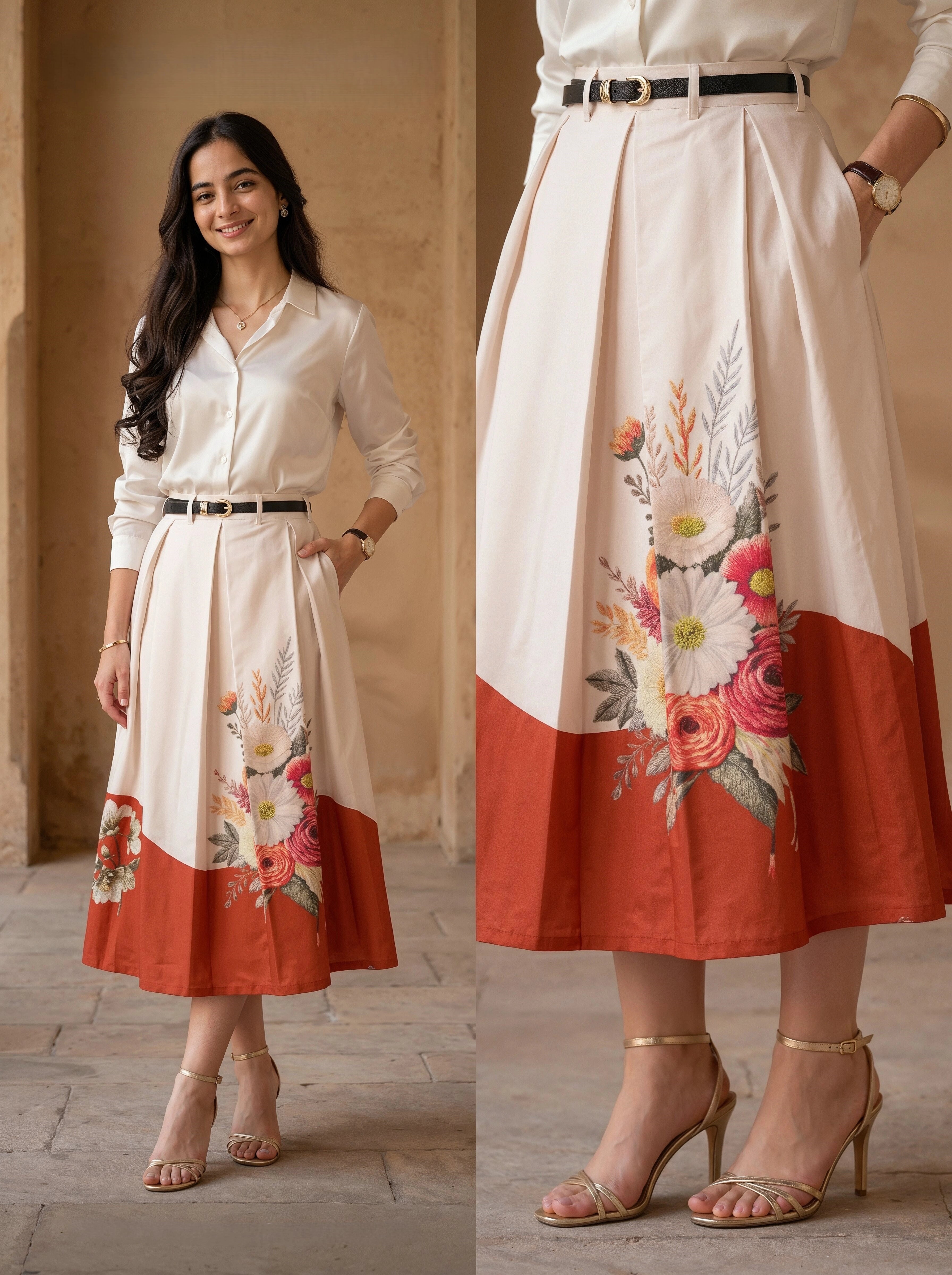 Woman wearing a white shirt and floral skirt with a red bottom half, standing against a beige wall.