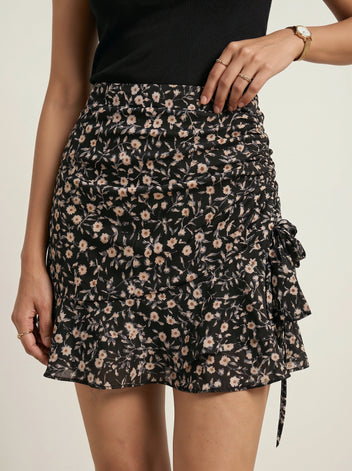 Black Floral Wrap Detail Mini Skirt for Women