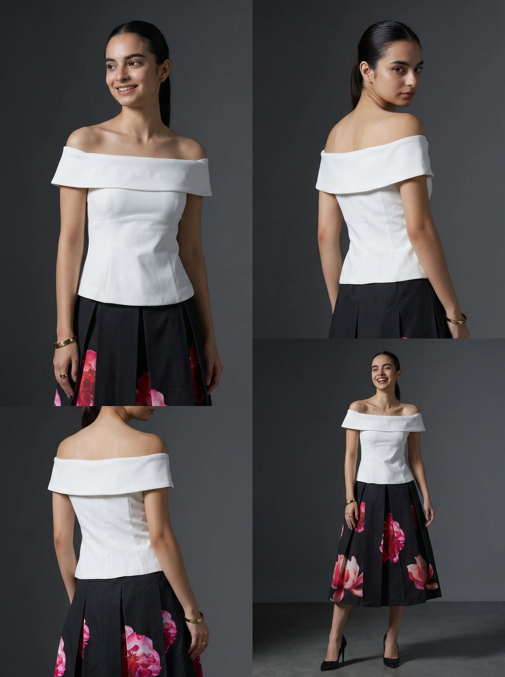 Woman wearing a white off-shoulder top and black floral skirt against a gray background