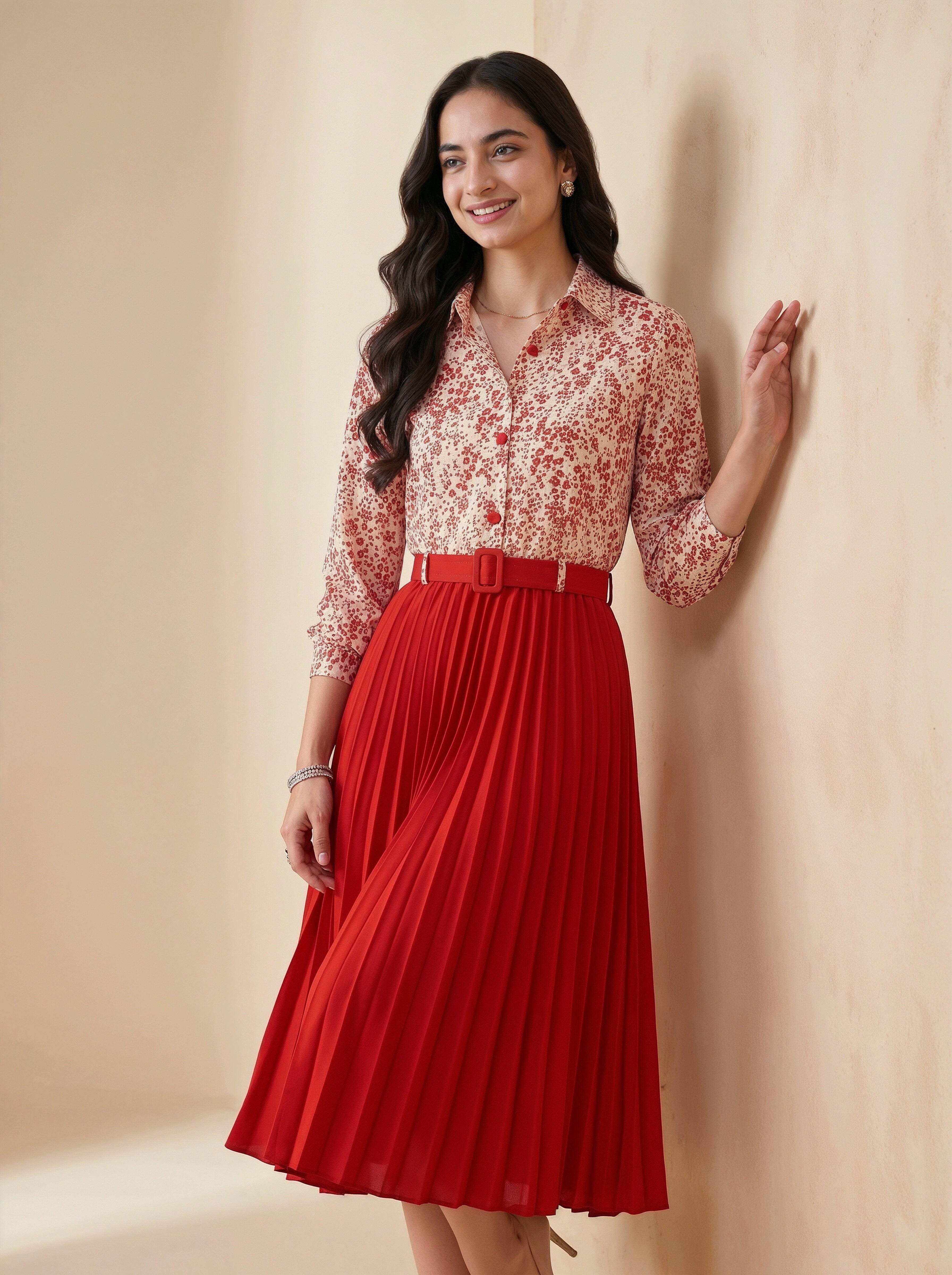 Woman wearing a floral blouse and red pleated skirt against a beige background