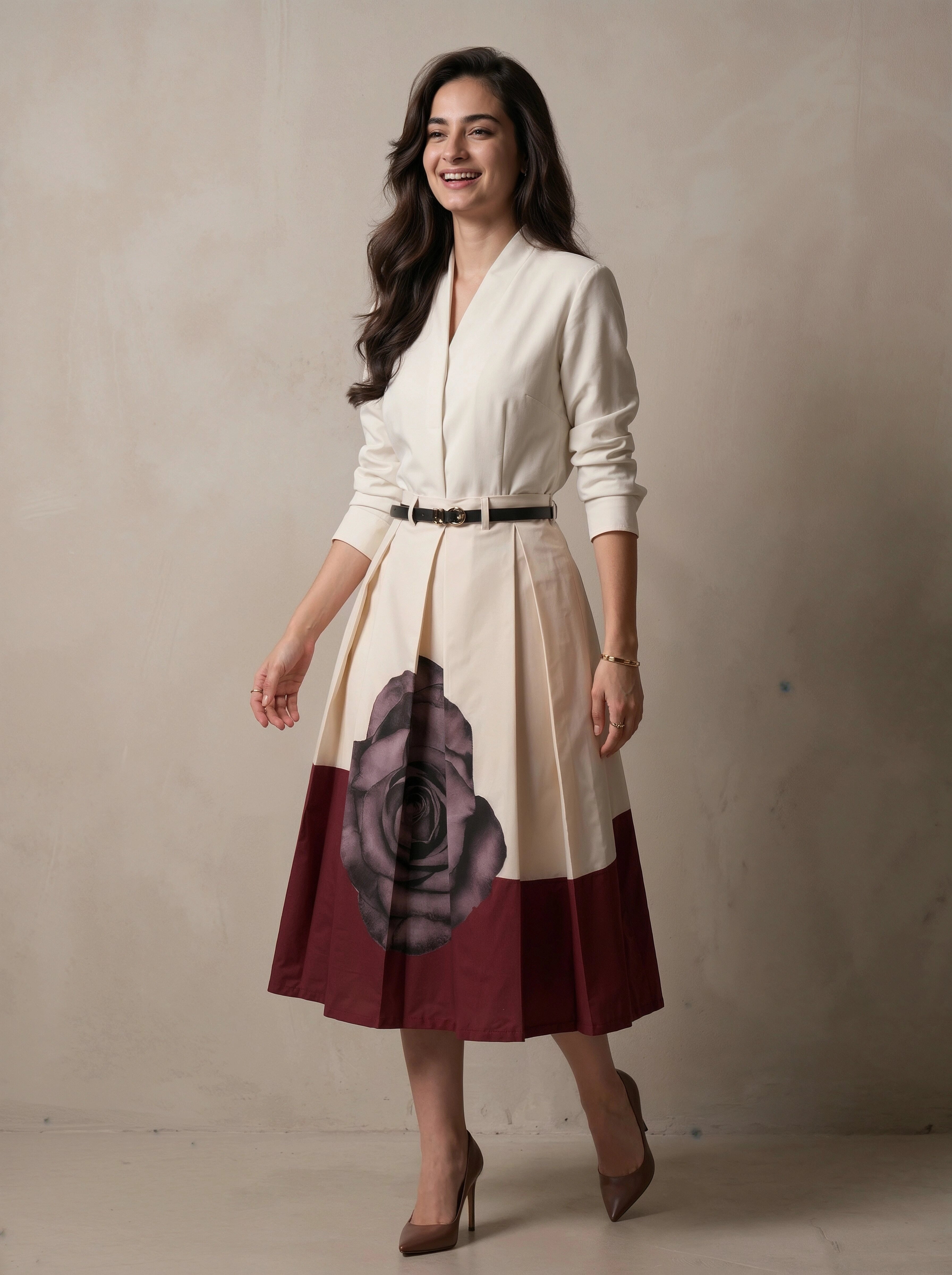 Woman wearing a white blouse with a floral skirt against a plain background