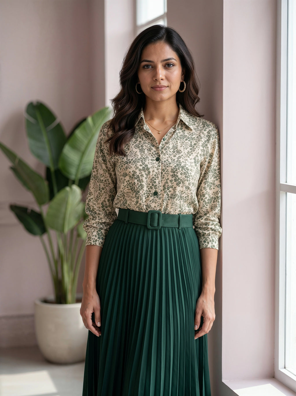 Woman wearing a floral blouse and green pleated skirt standing indoors with a plant and window in the background.