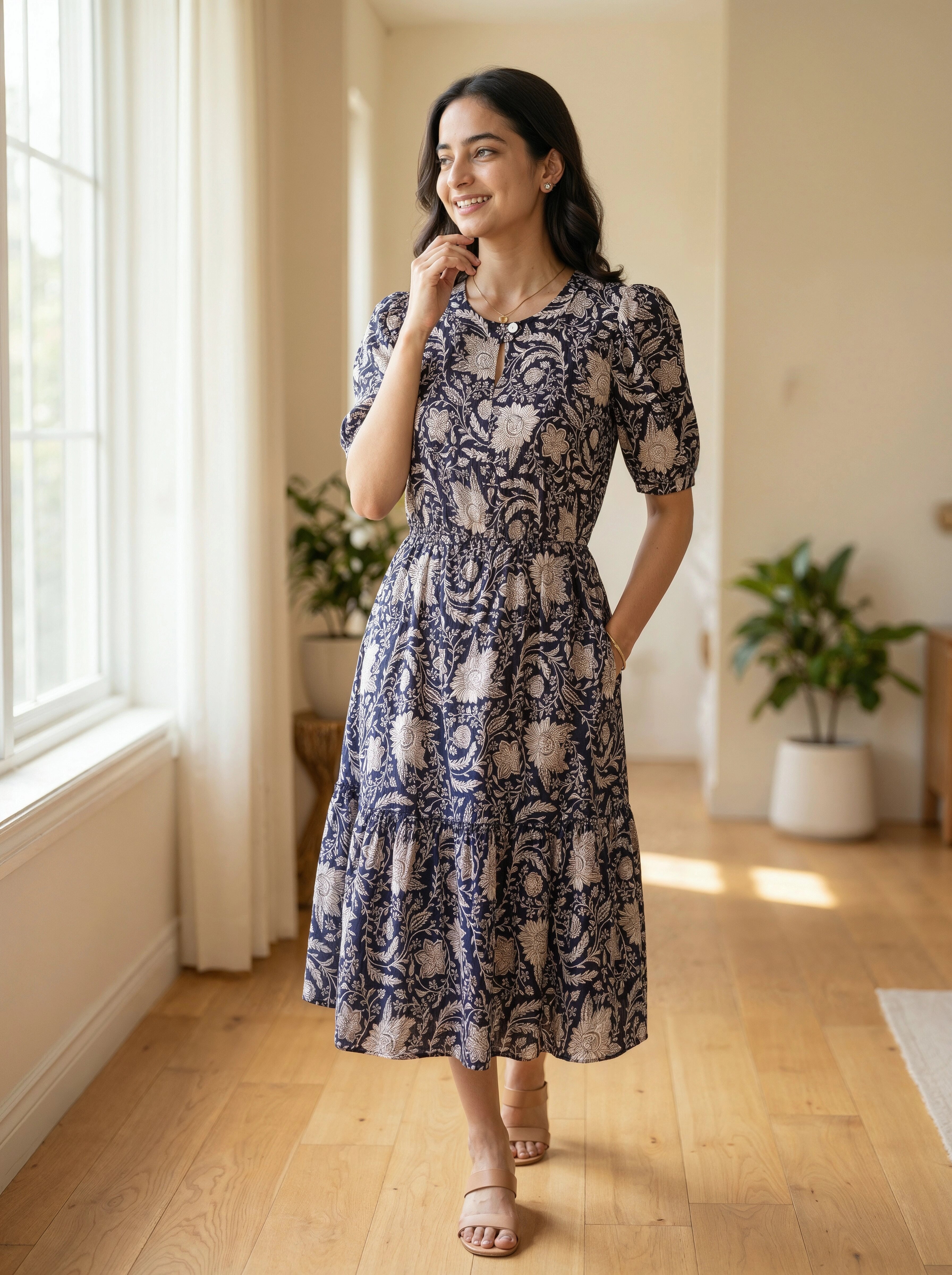 Woman wearing a blue floral dress standing in a bright room with wooden floor and plants.