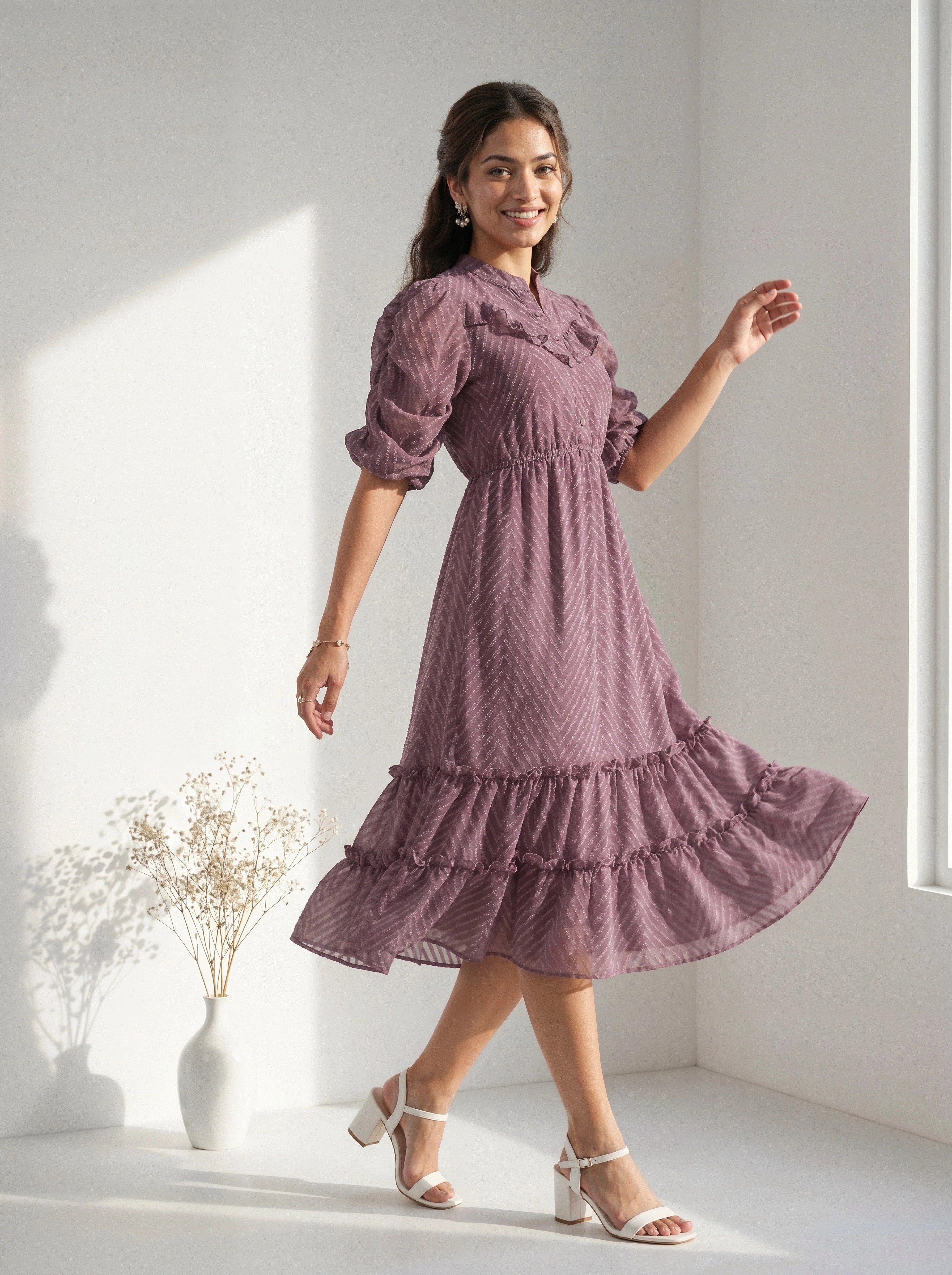 Woman wearing a flowy mauve tiered dress next to a vase with dried flowers