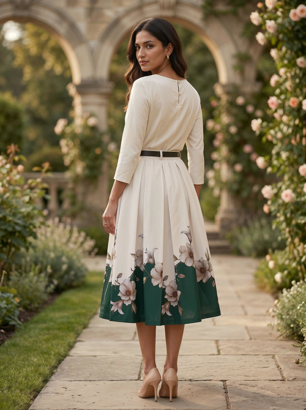 Woman in a floral dress standing in a garden