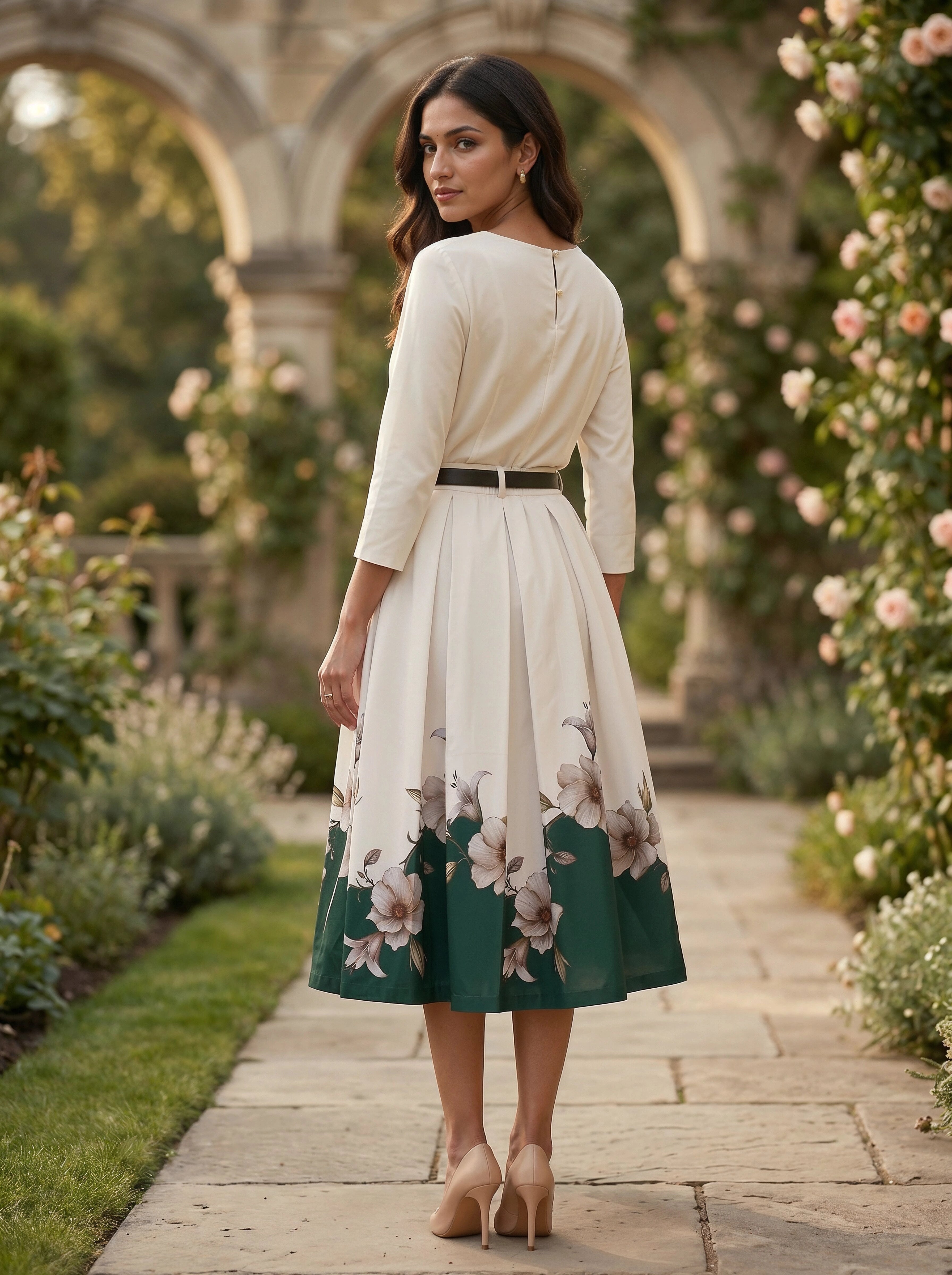 Woman in a floral dress standing in a garden