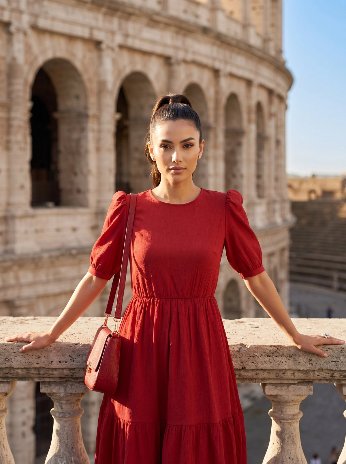 A woman stands outdoors in front of a large stone amphitheater, wearing a red midi dress with puff sleeves and carrying a matching red shoulder bag.