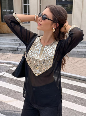 Black Mirror Embellished Sheer Sleeve Party Top