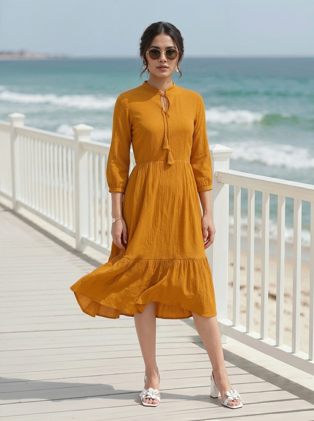 Woman in a mustard yellow dress standing on a wooden deck by the ocean.