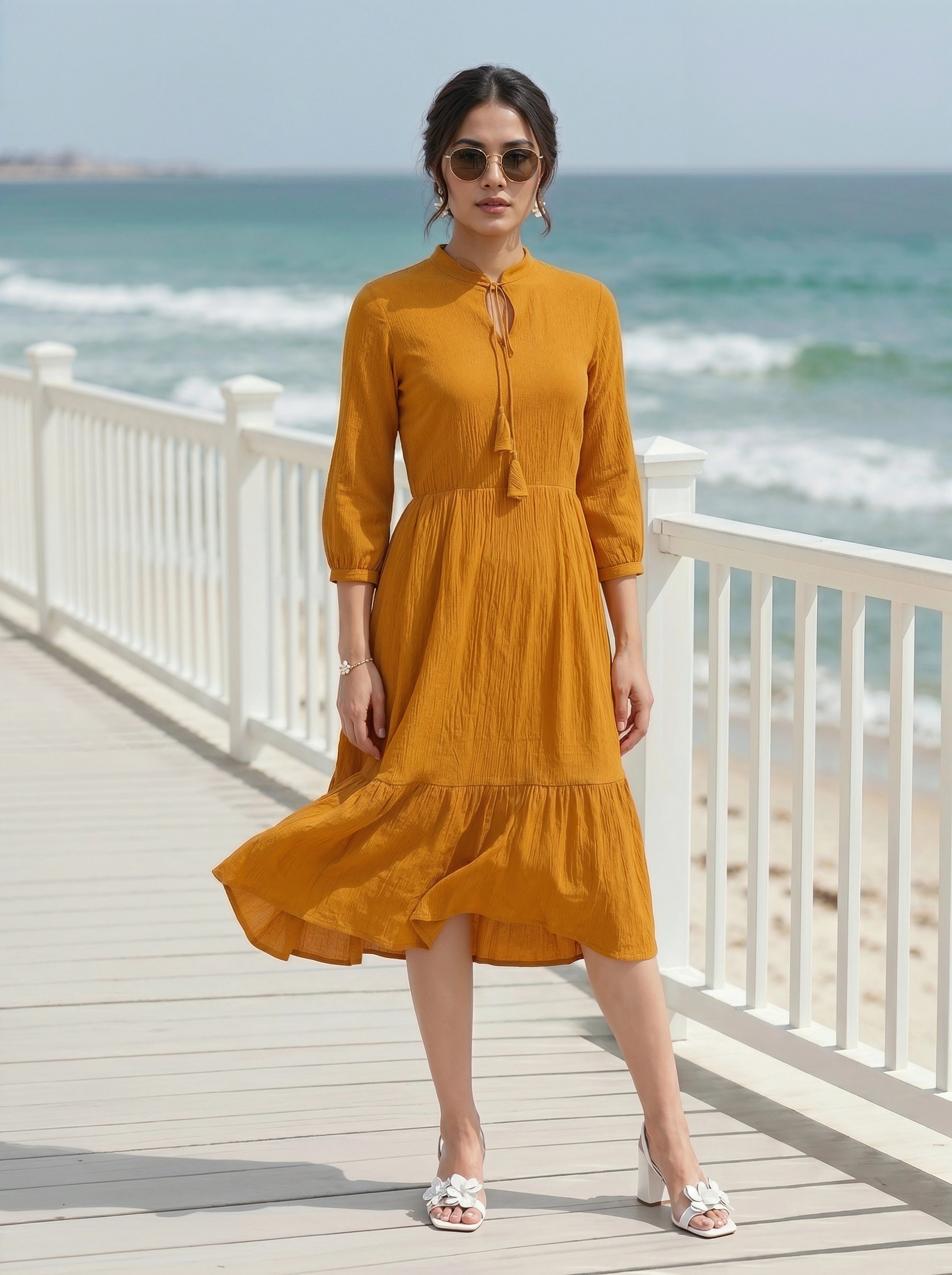 Woman in a mustard yellow dress standing on a wooden deck by the ocean.
