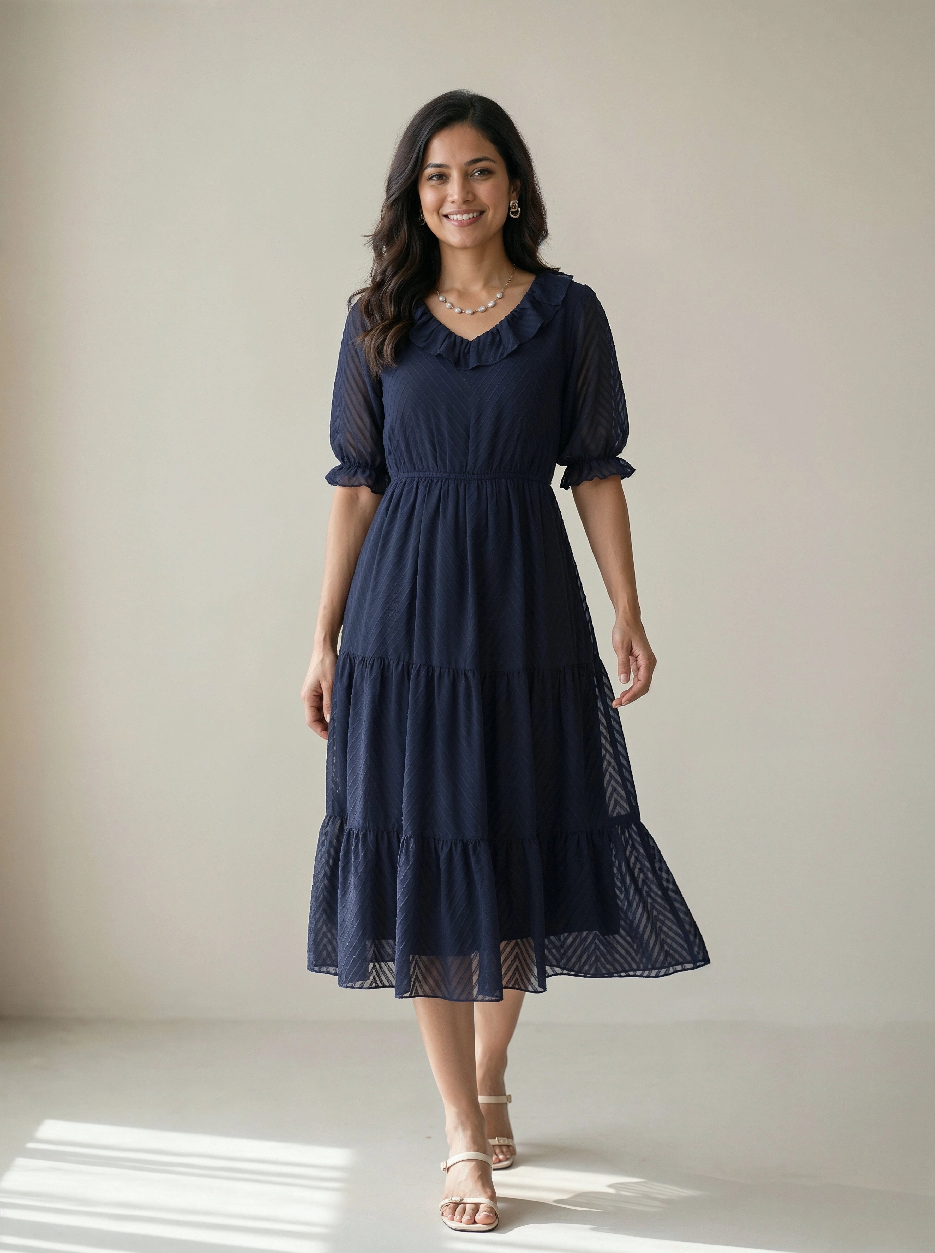 Woman wearing a navy blue dress with a plain background