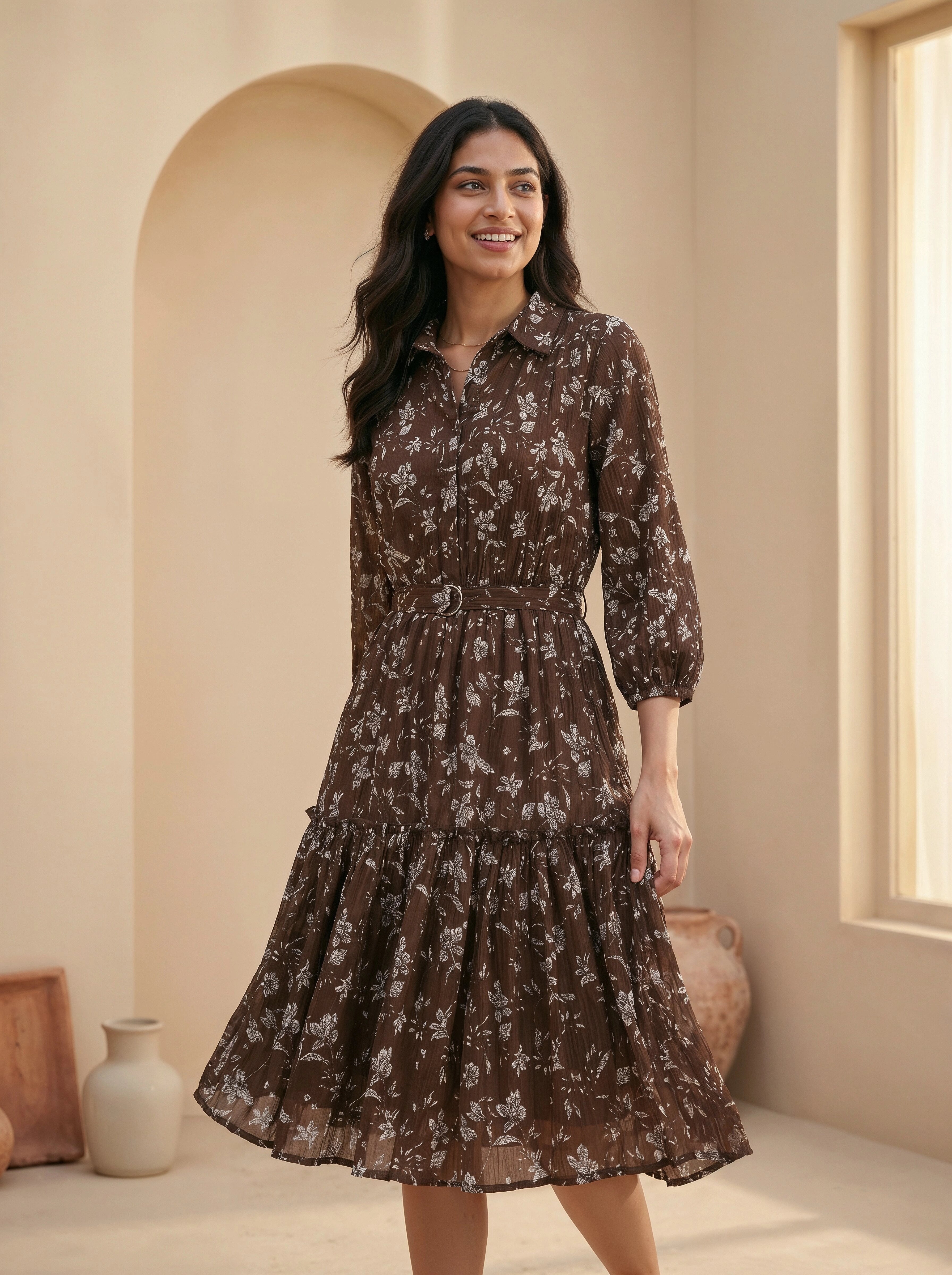Woman wearing a brown floral dress in a warm-toned room.