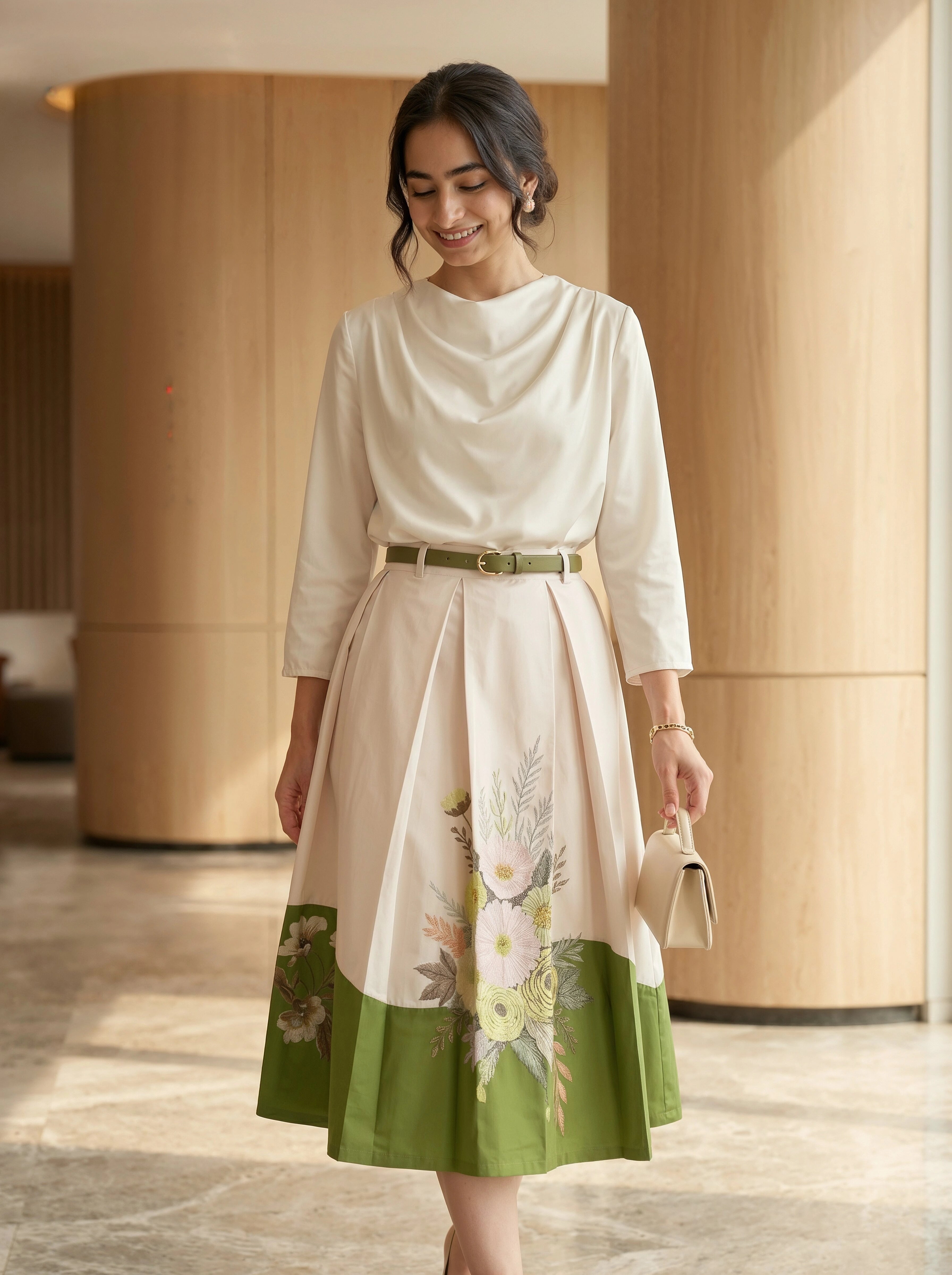 Woman wearing a white blouse with floral skirt in an indoor setting