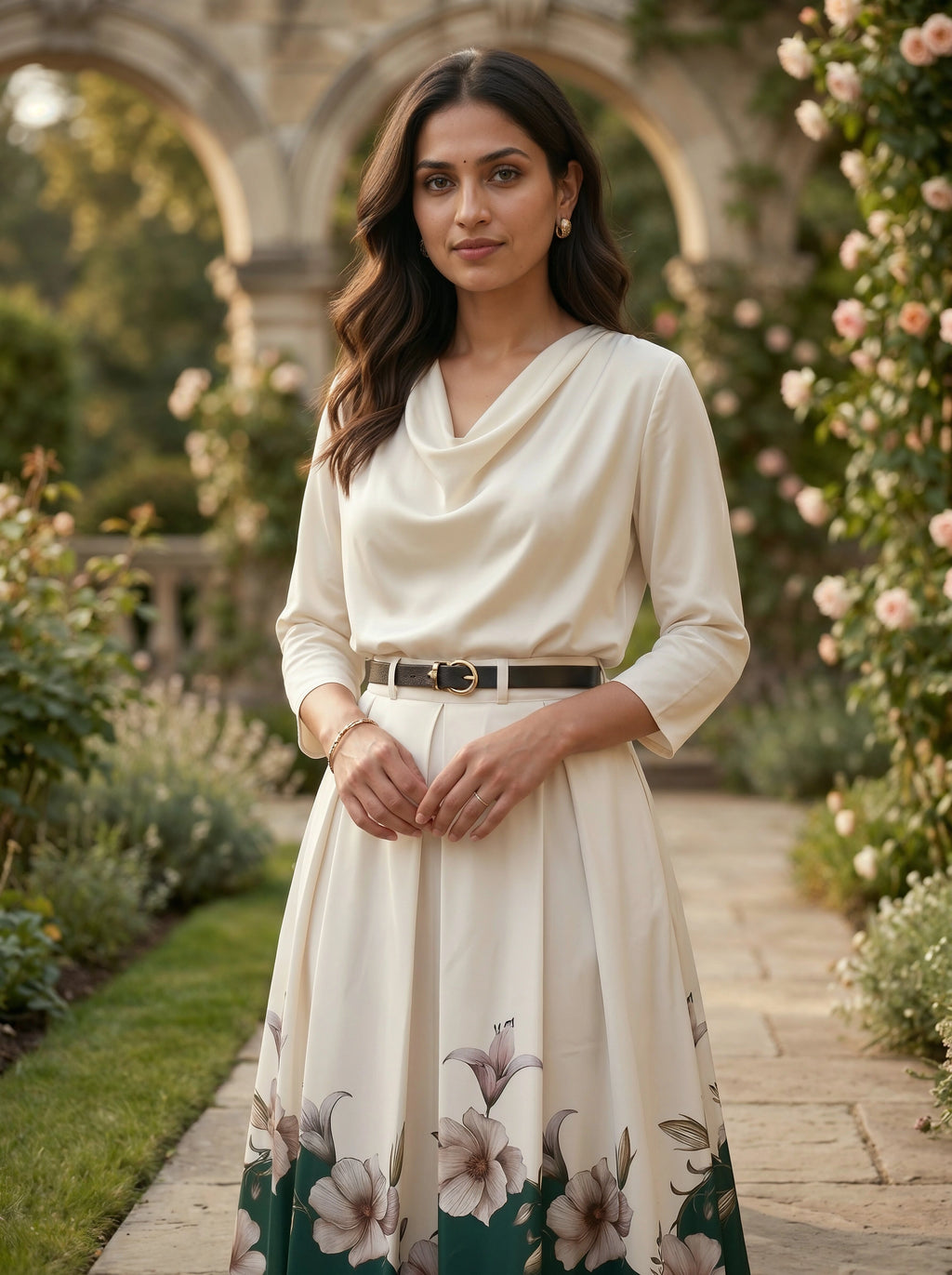 Woman in a white dress with floral pattern standing in a garden.