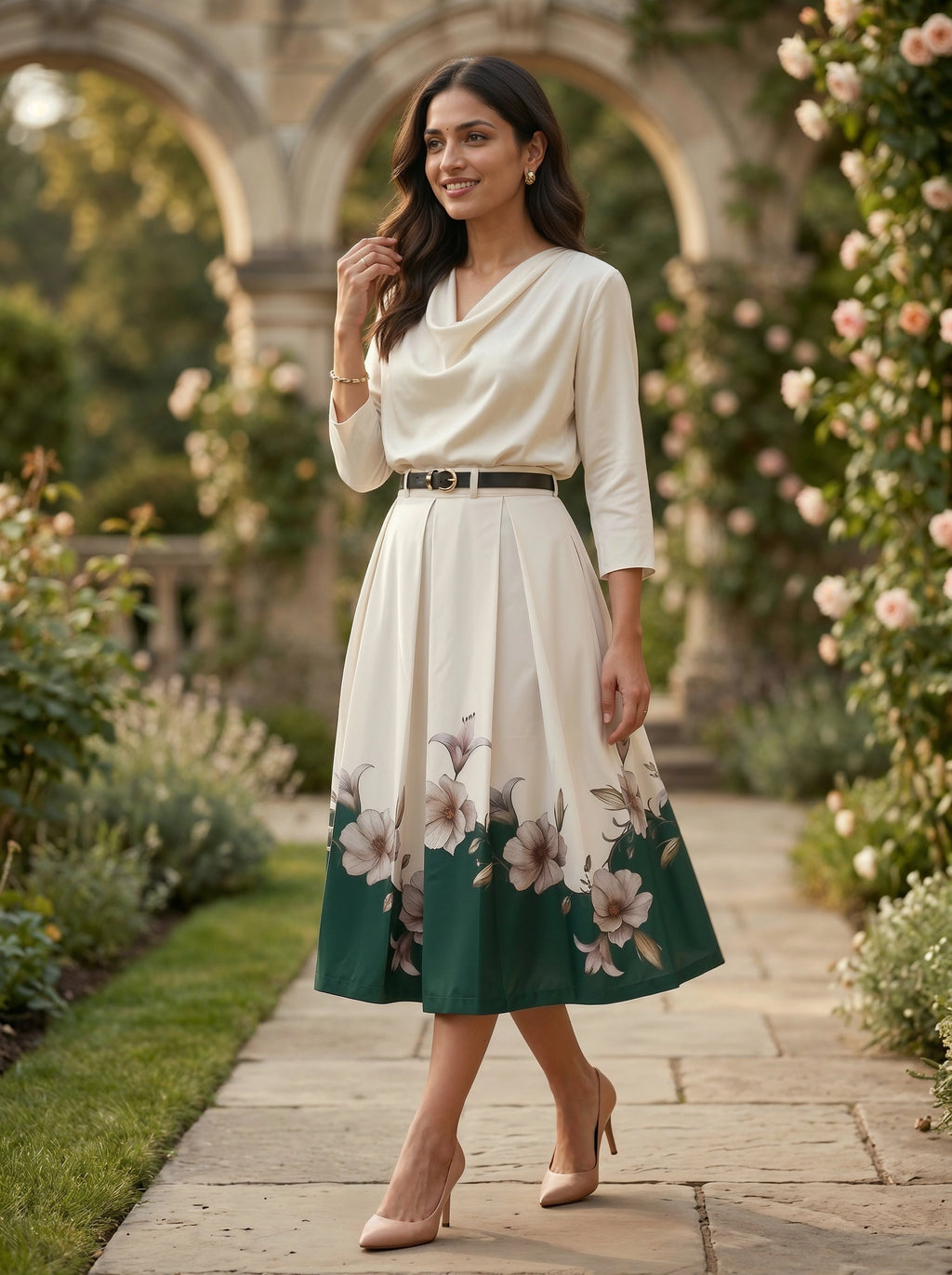 Woman in a floral dress standing in a garden