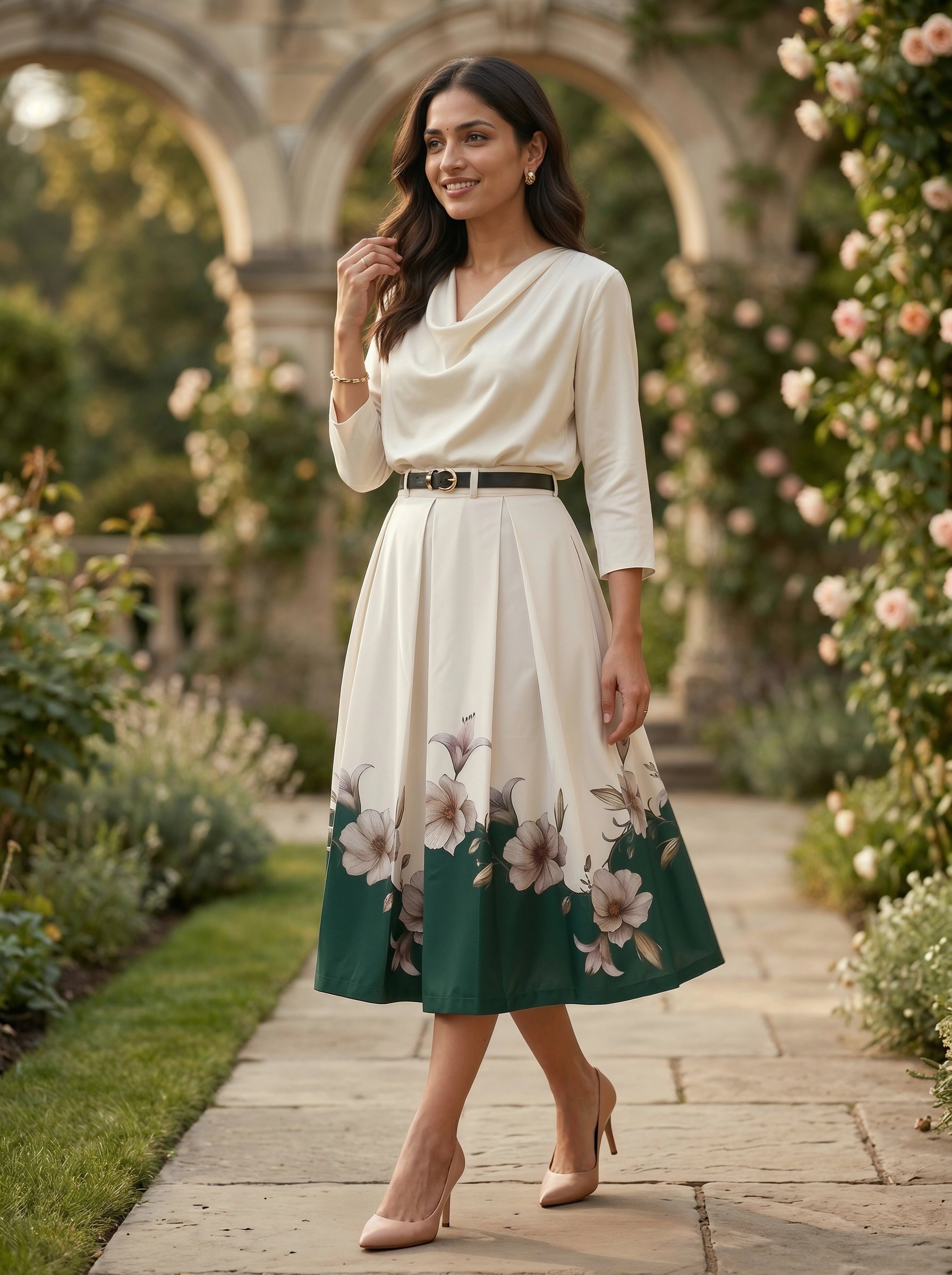 Woman in a floral dress standing in a garden