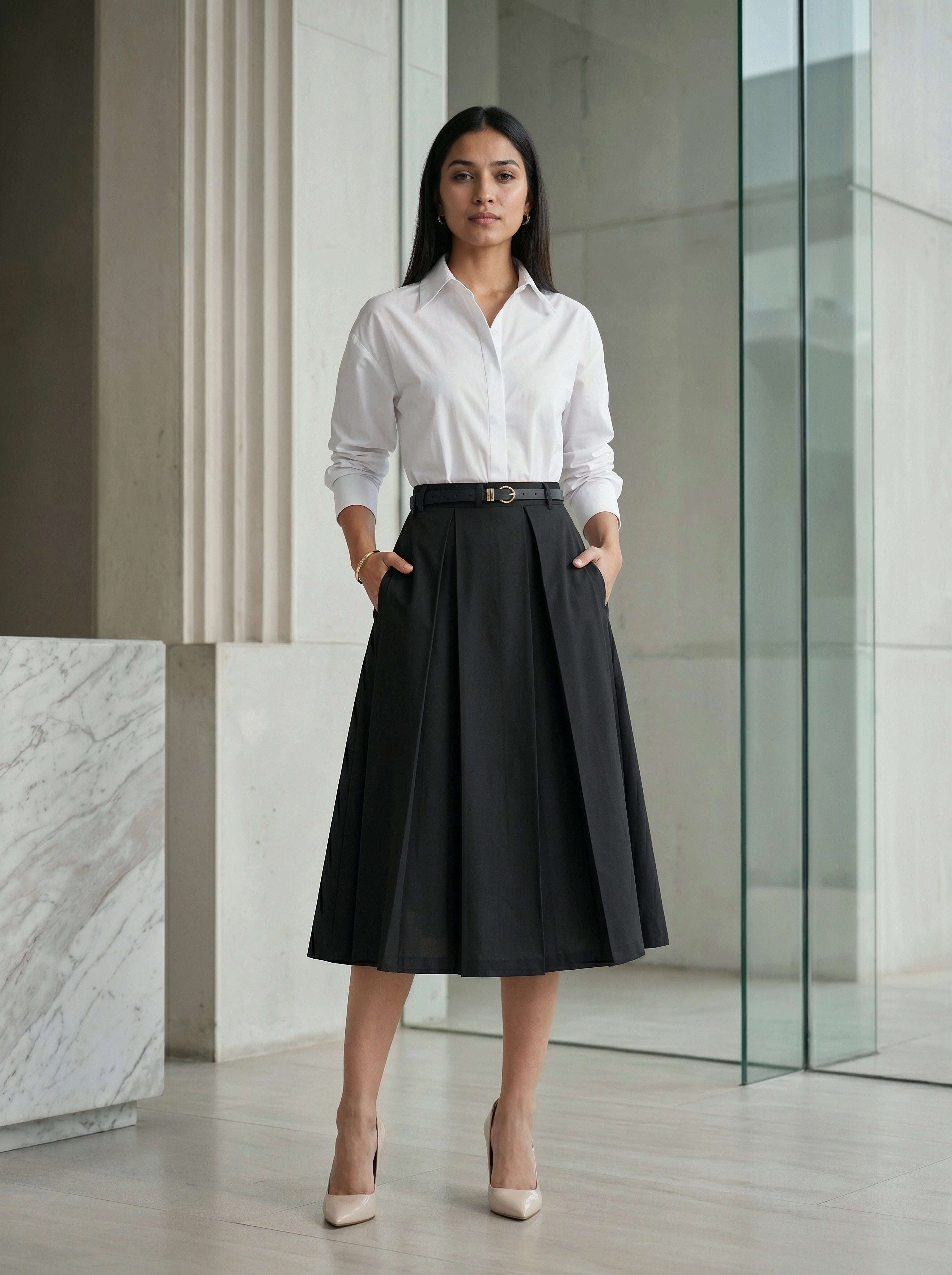 Woman wearing a white shirt and black skirt in an indoor setting