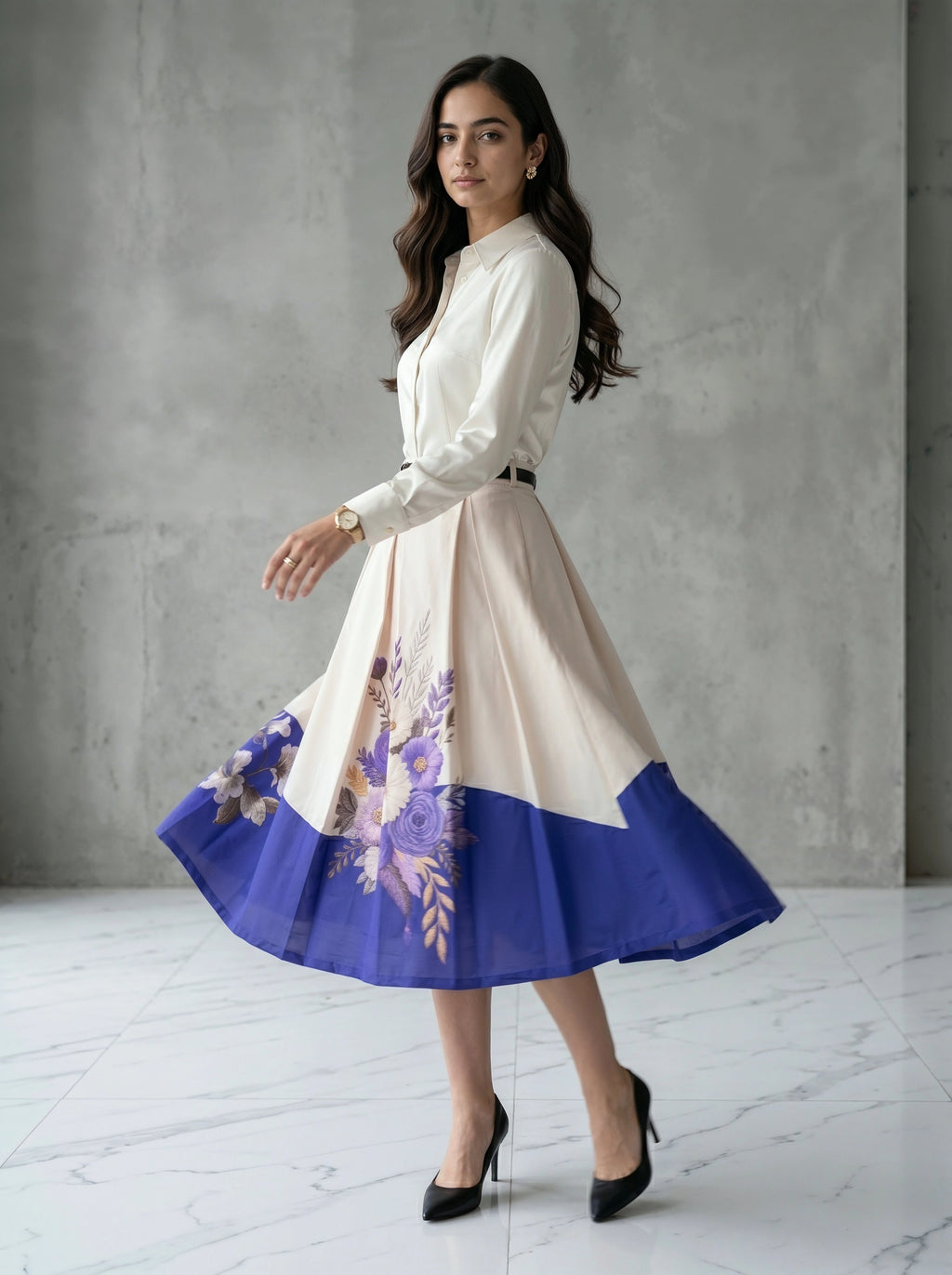 Woman wearing a white dress with a floral pattern and blue bottom half against a gray concrete wall.