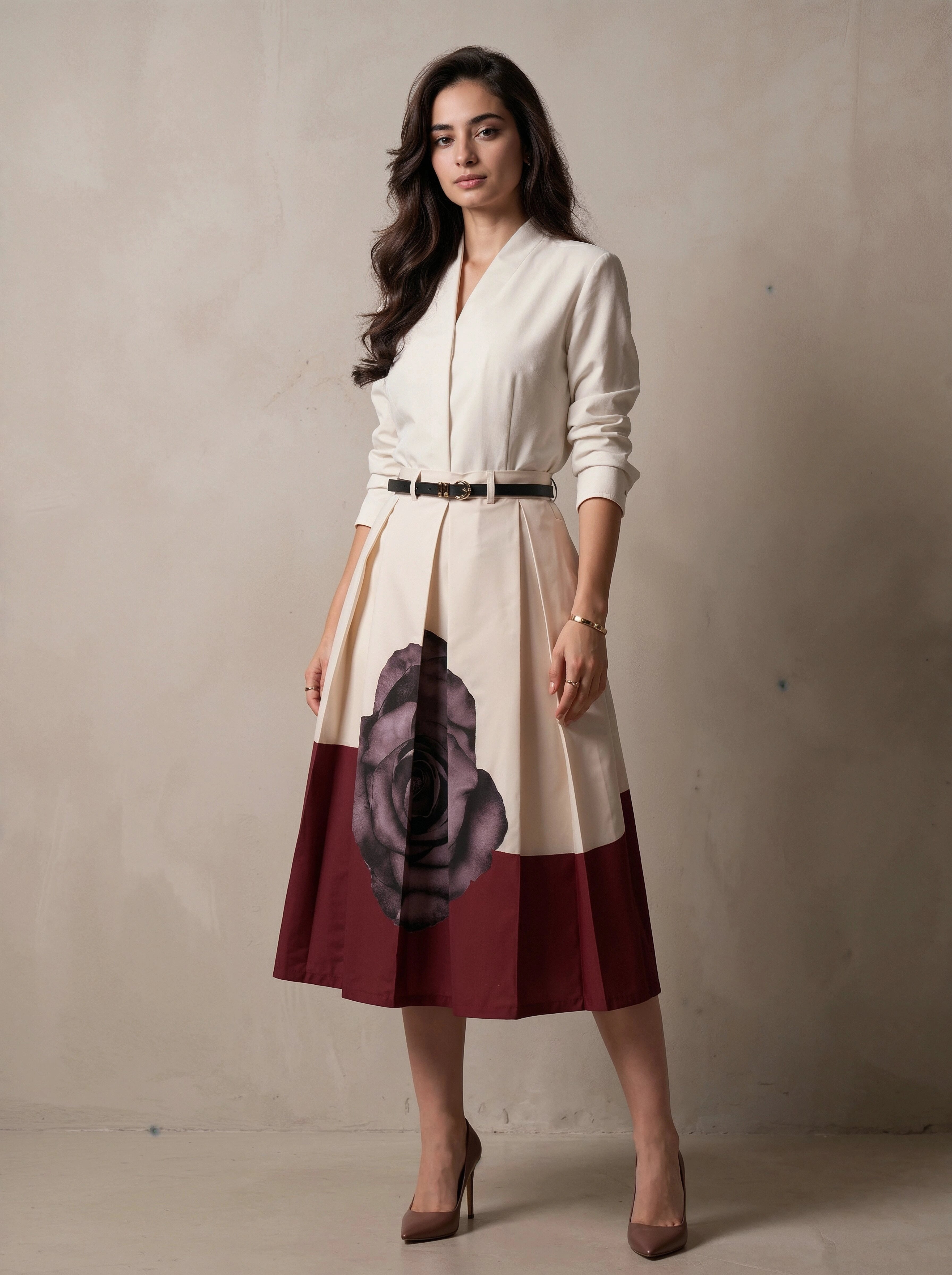 Woman wearing a white blouse with a floral design on a maroon skirt against a plain background