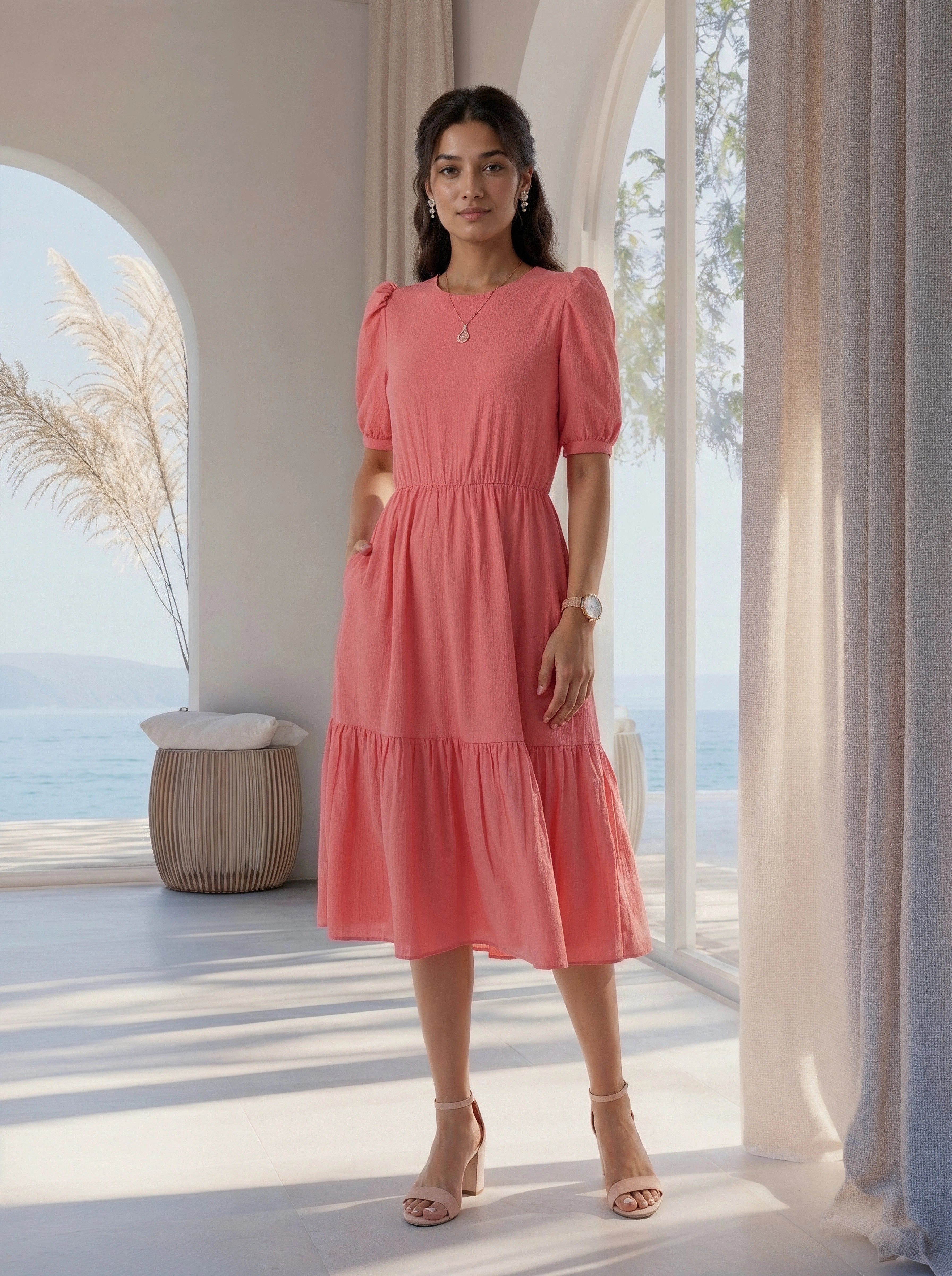 Woman in a pink dress standing in a bright room with large windows and a view of the ocean.