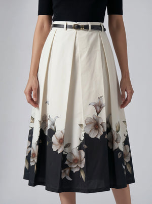 Women’s Cream & Black Floral Printed A-Line Skirt