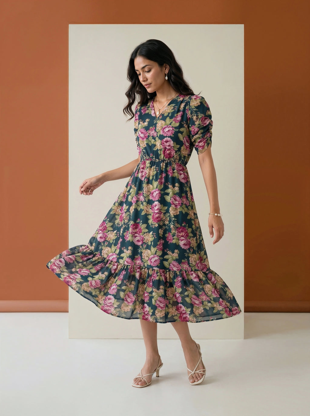 A woman modeling a dark teal midi dress with a pink and yellow floral print, standing in front of a minimalist studio backdrop with a terracotta-colored wall and a cream-colored vertical panel.