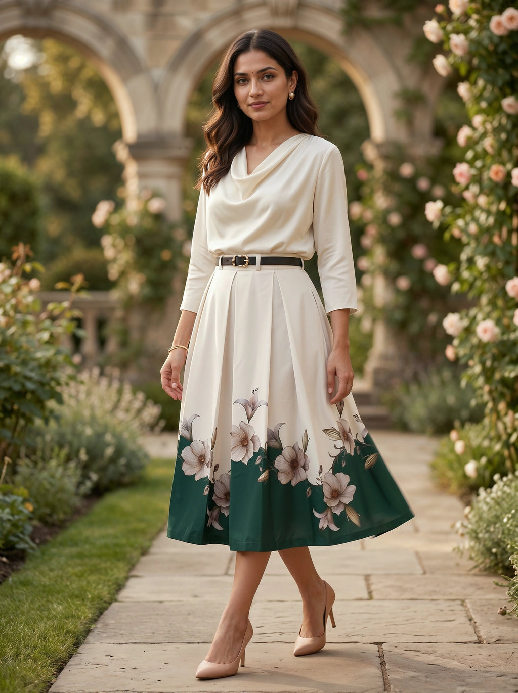 Woman in a white top and floral skirt walking in a garden.