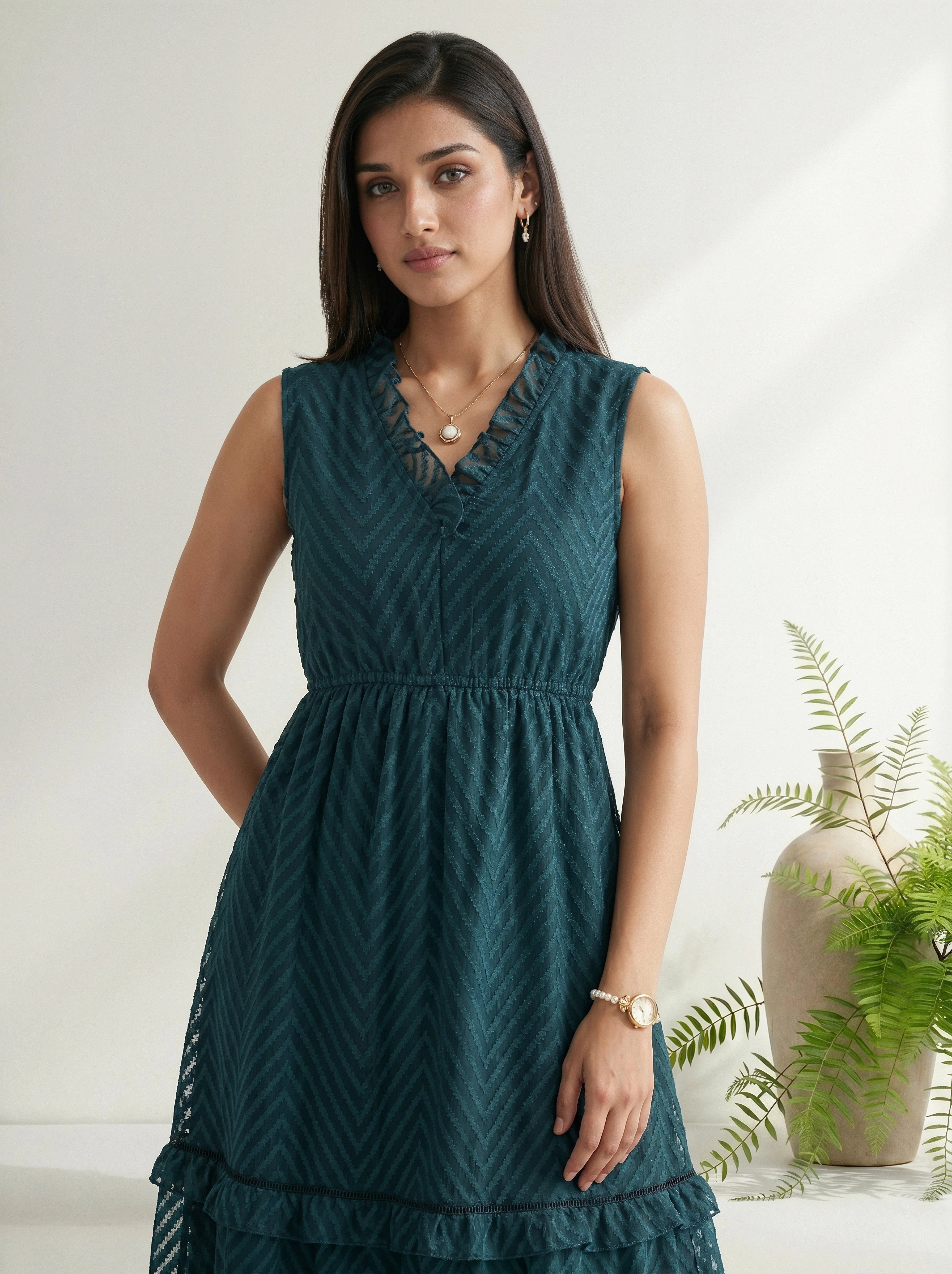 Woman wearing a teal dress with a white background and plant decor