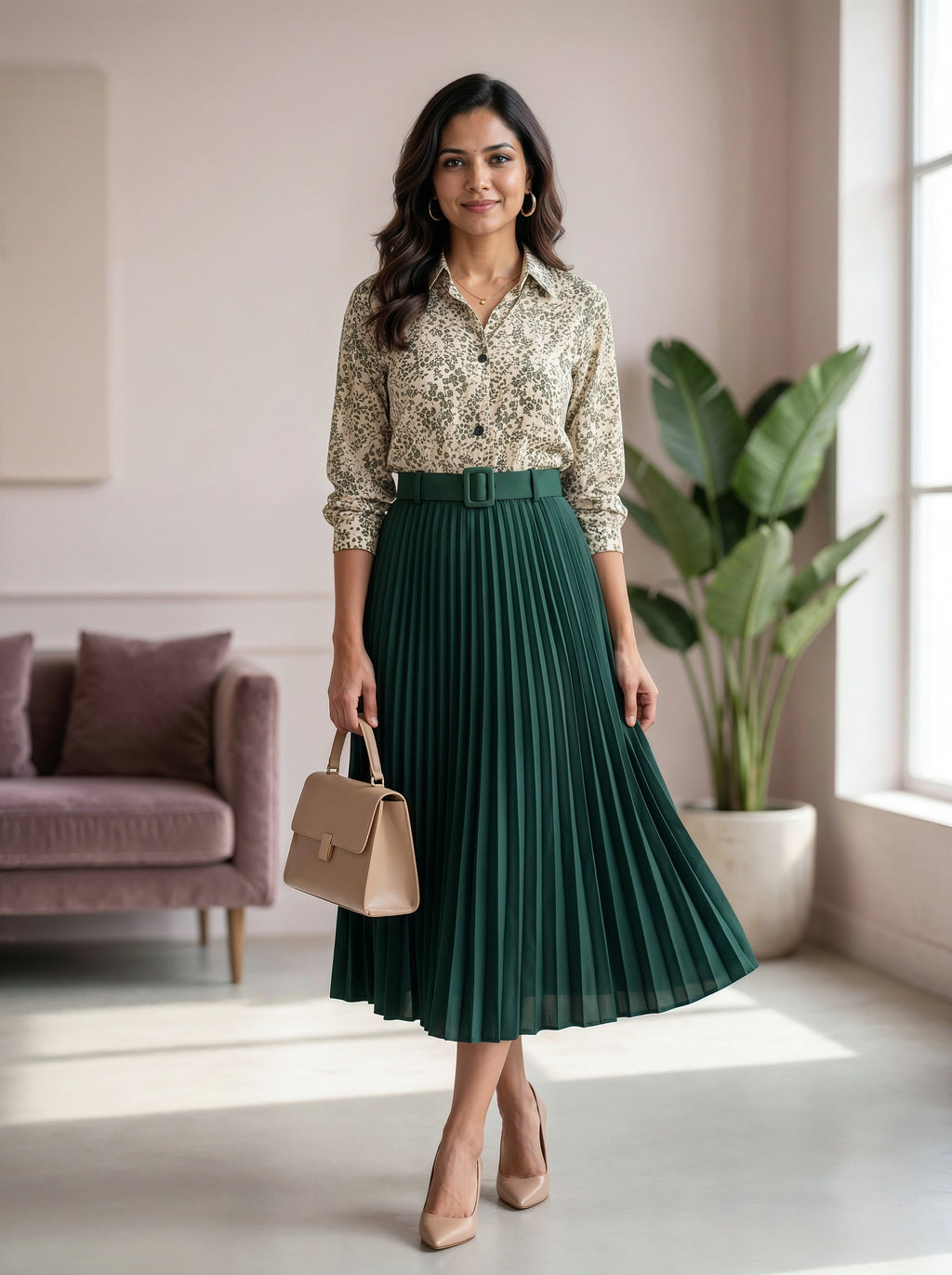 Woman in a green pleated skirt and patterned blouse standing in a bright room with a plant and sofa.