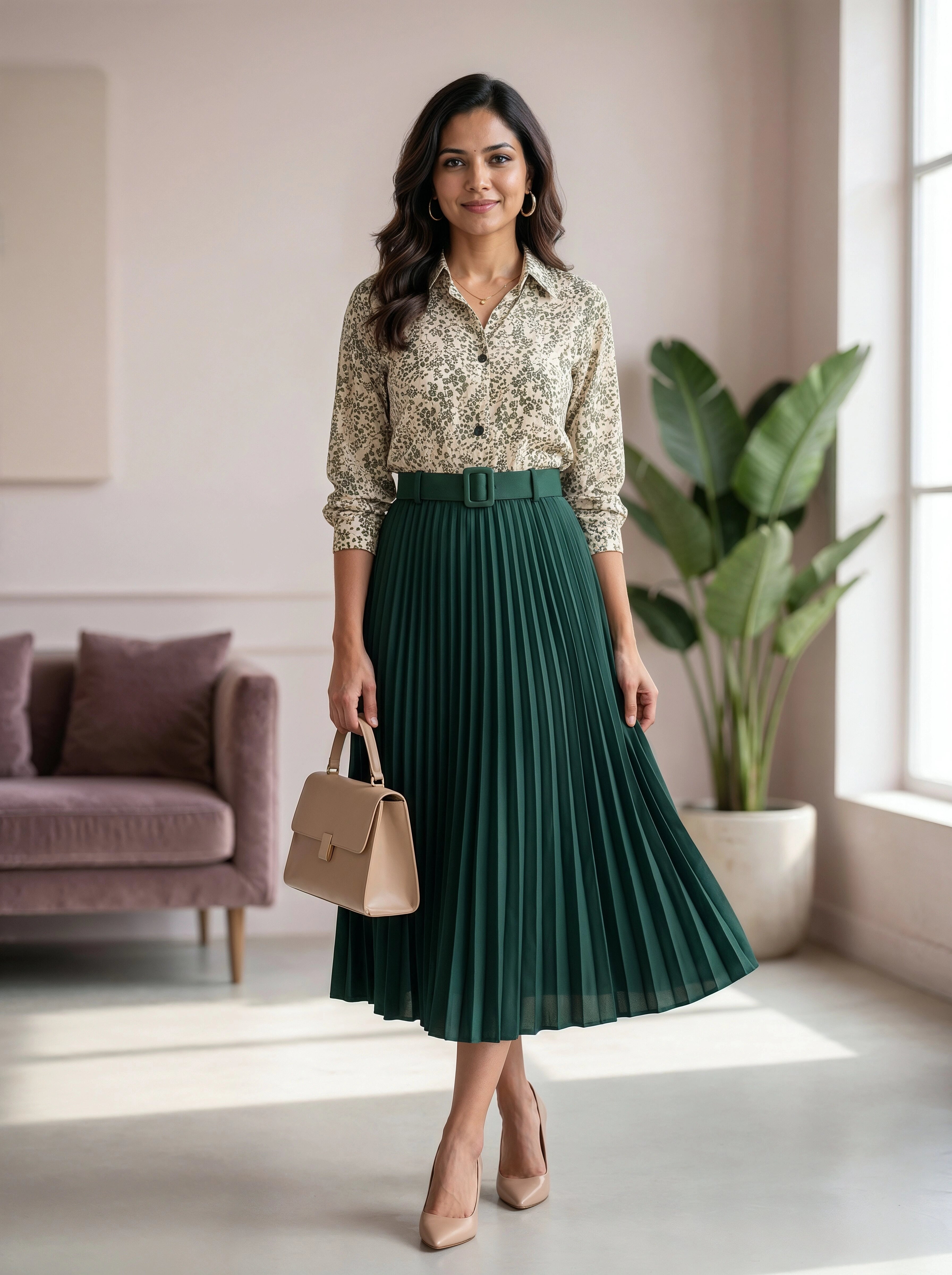 Woman in a green pleated skirt and patterned blouse standing in a bright room with a plant and sofa.