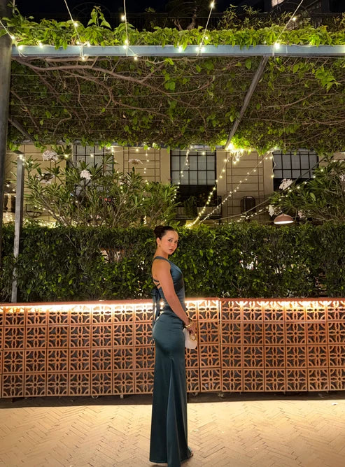 Golden Cross-Back Evening Maxi Dress