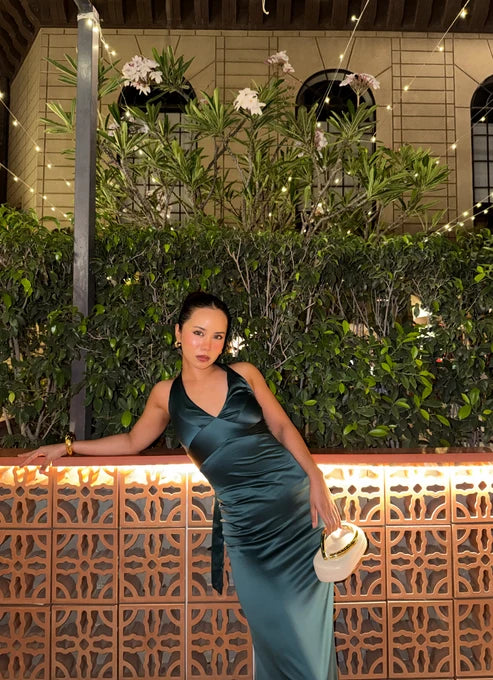 Golden Cross-Back Evening Maxi Dress