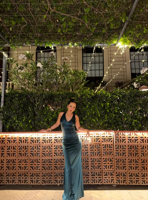 Golden Cross-Back Evening Maxi Dress