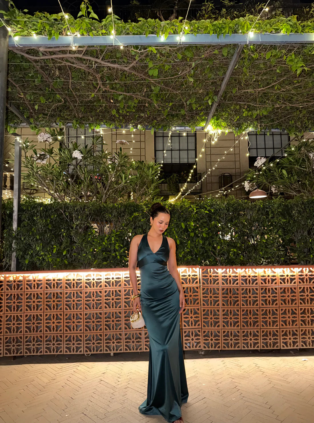Golden Cross-Back Evening Maxi Dress