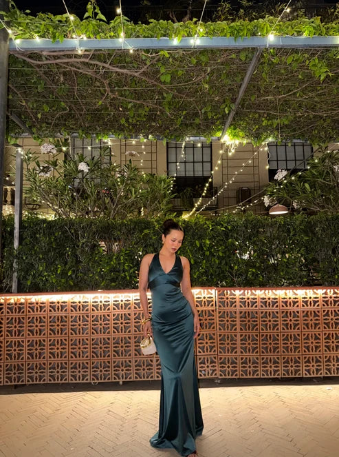 Golden Cross-Back Evening Maxi Dress