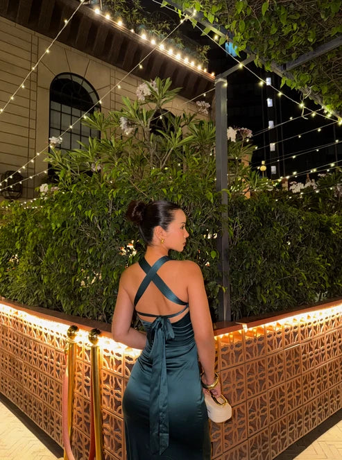 Golden Cross-Back Evening Maxi Dress
