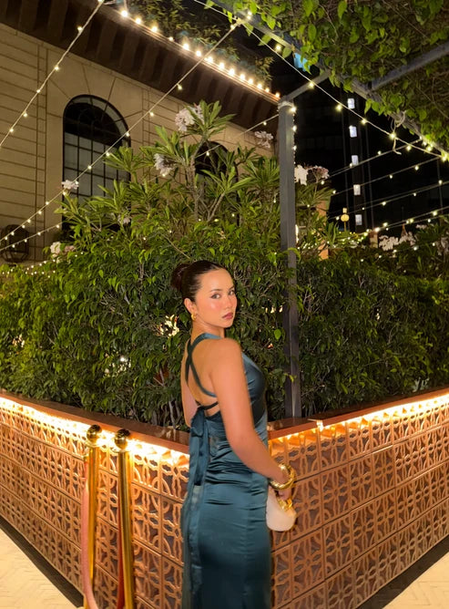 Golden Cross-Back Evening Maxi Dress