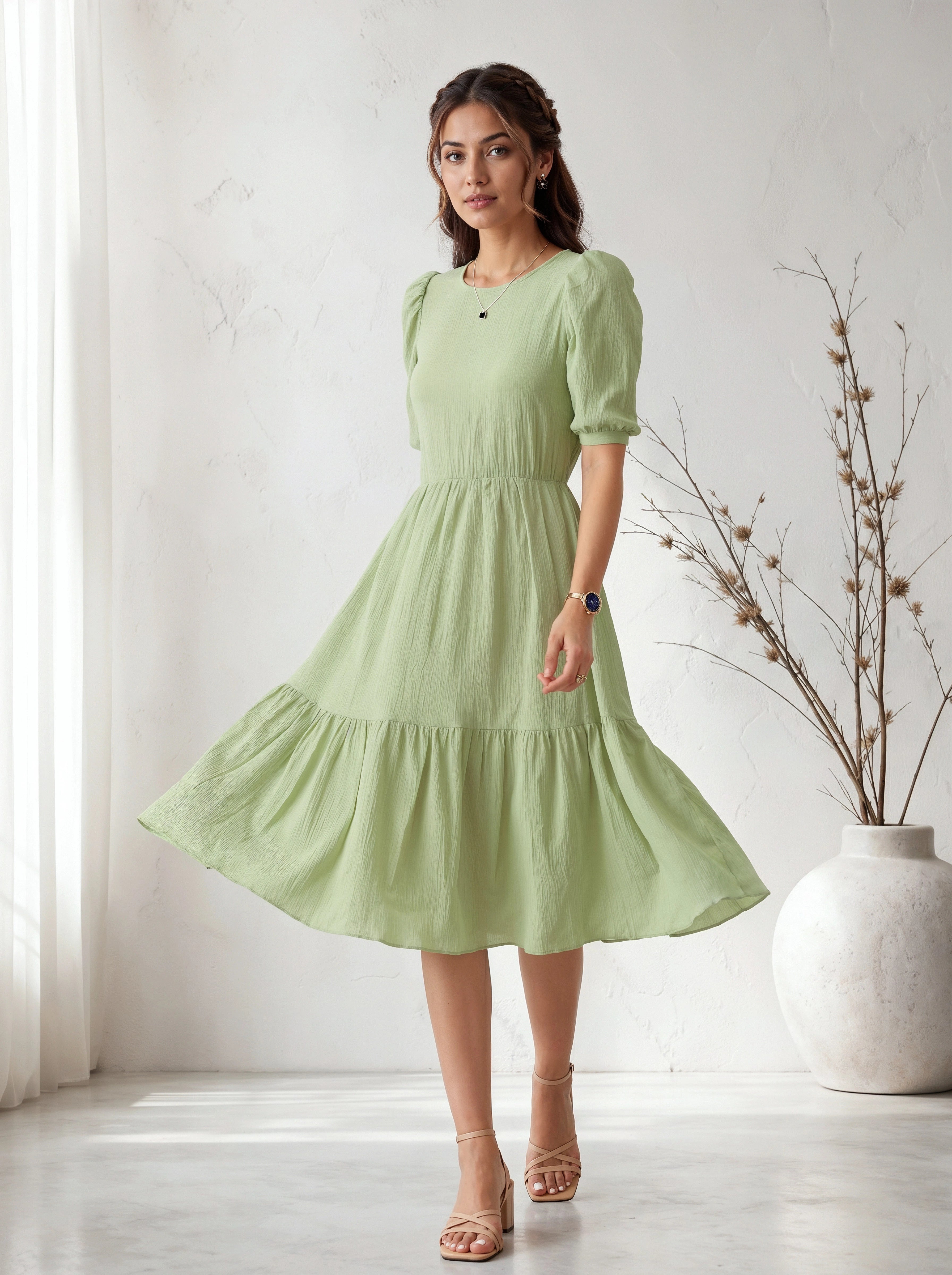 Woman wearing a light green dress standing in a bright room with a vase and plant.