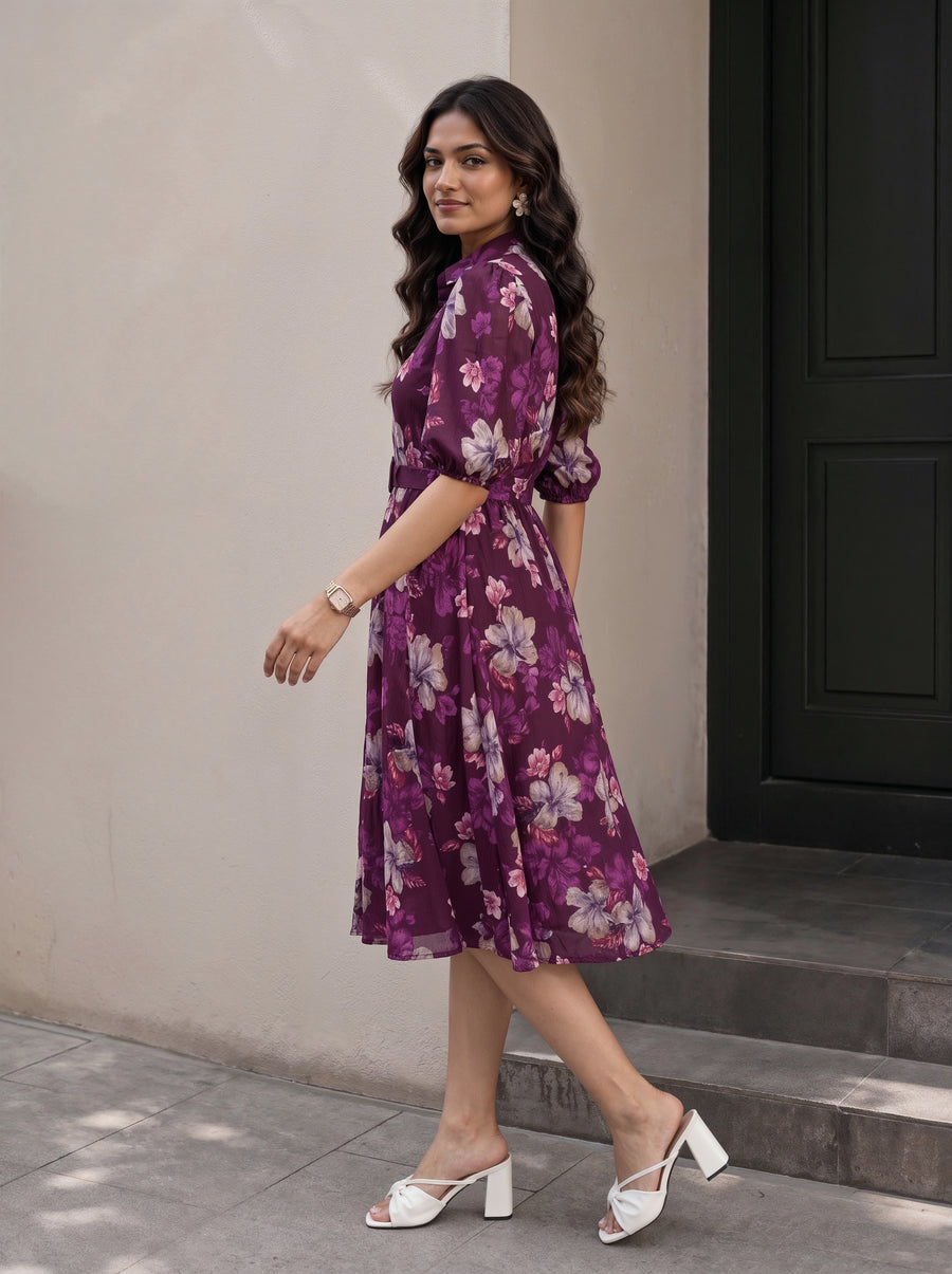 Worn with the Plum Floral Print Belted Shirt Collar Dress