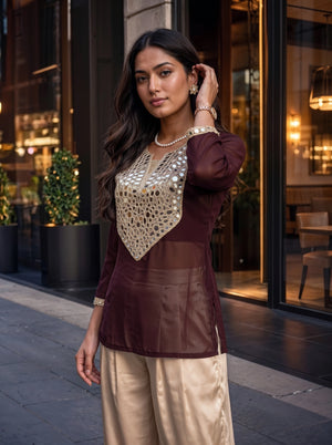 Maroon Mirror Work Embellished Ethnic Top