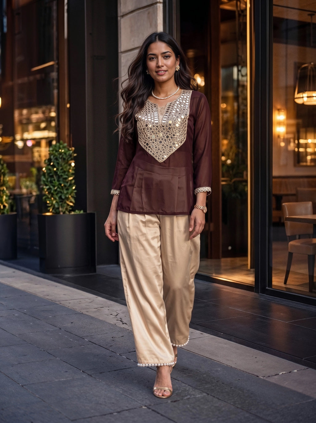 A woman models a two-piece traditional outfit consisting of a brown long-sleeve kurta with a heavily embellished gold sequin V-neck bodice, paired with wide-leg beige satin pants with a beaded hem, set against a modern building entrance at dusk.