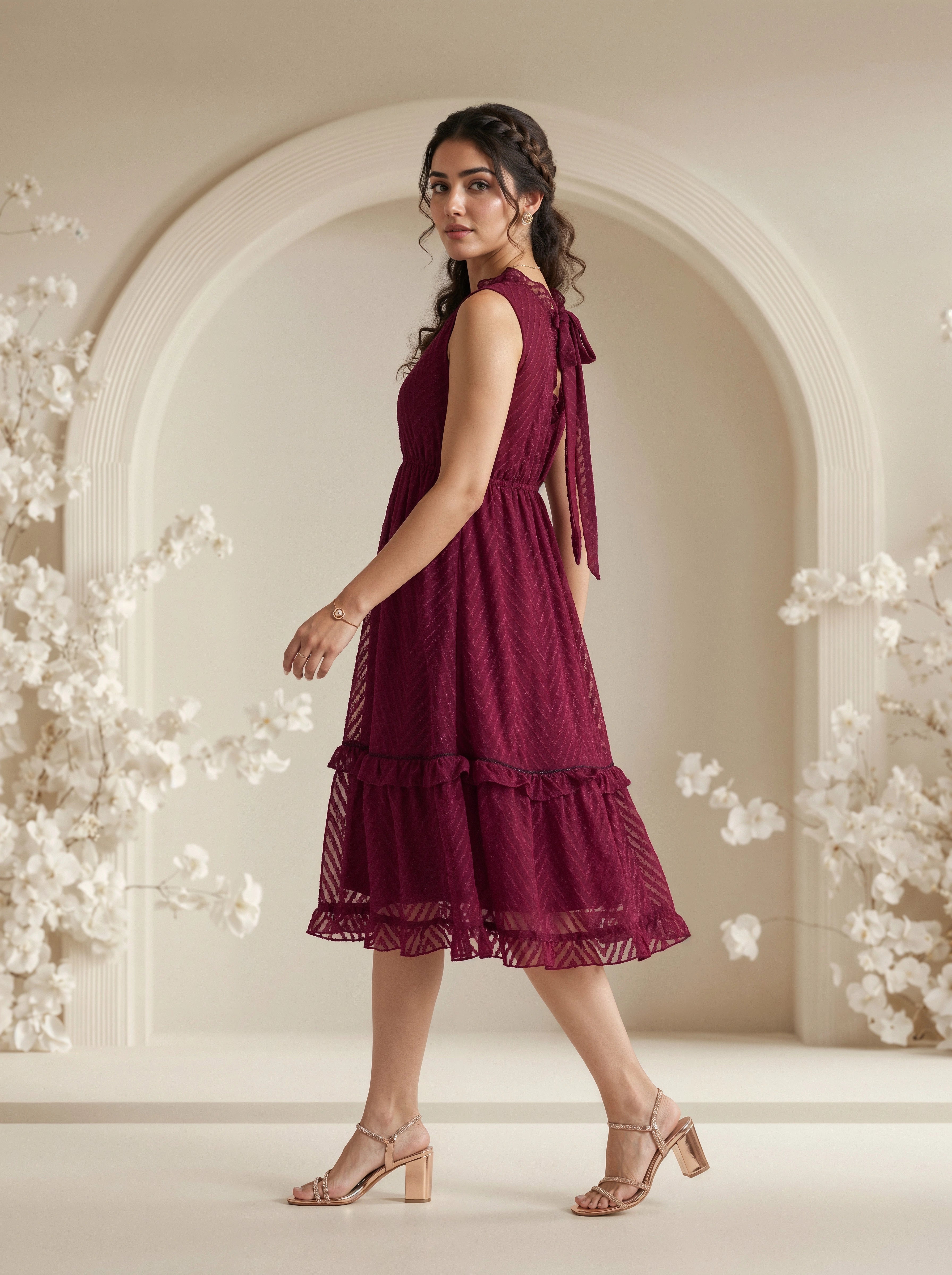 Woman wearing a burgundy dress with floral decorations in a softly lit room.