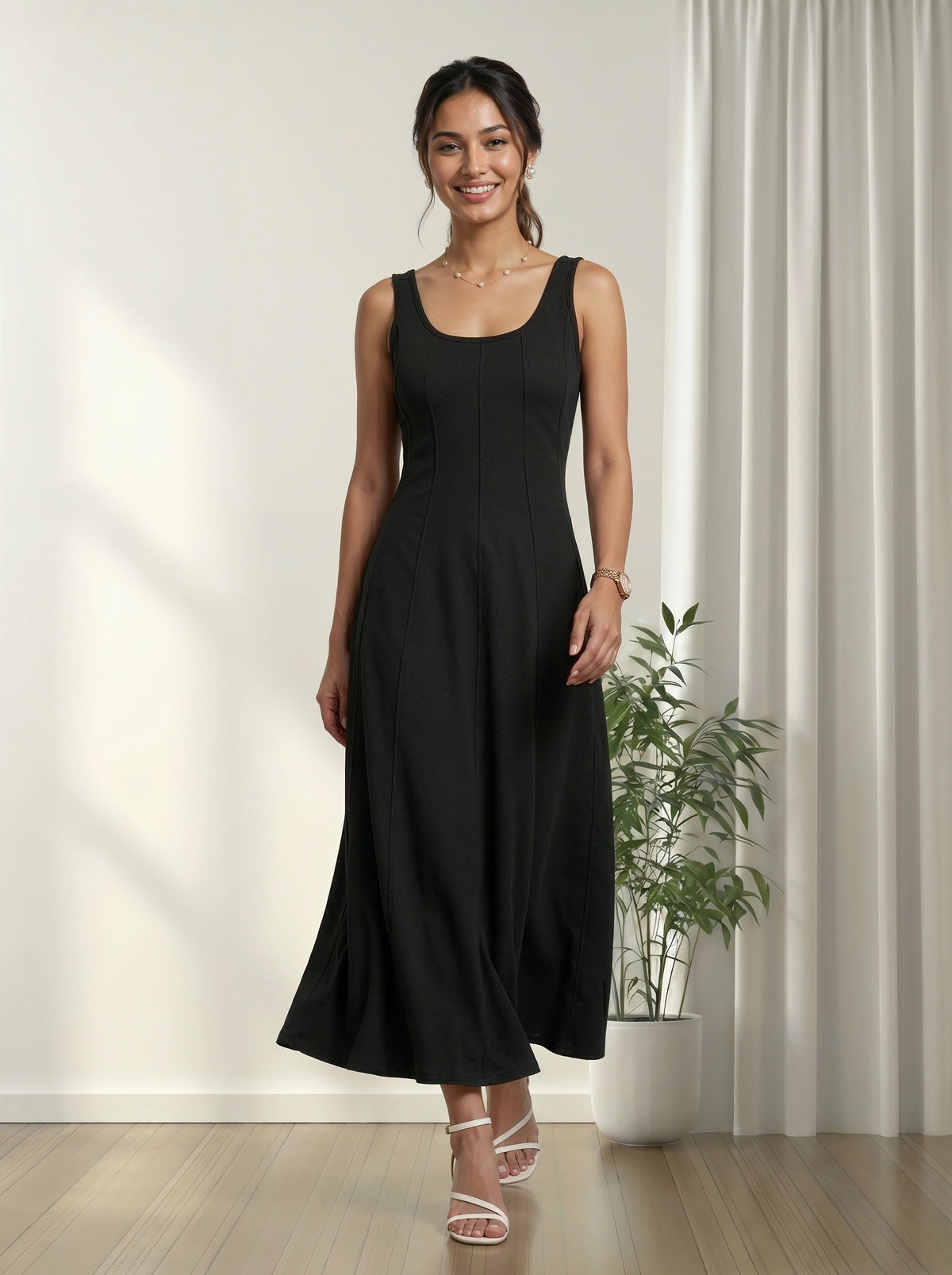 A woman modeling a sleeveless black midi dress with a scoop neckline in a bright room with white curtains, a wooden floor, and a potted plant.